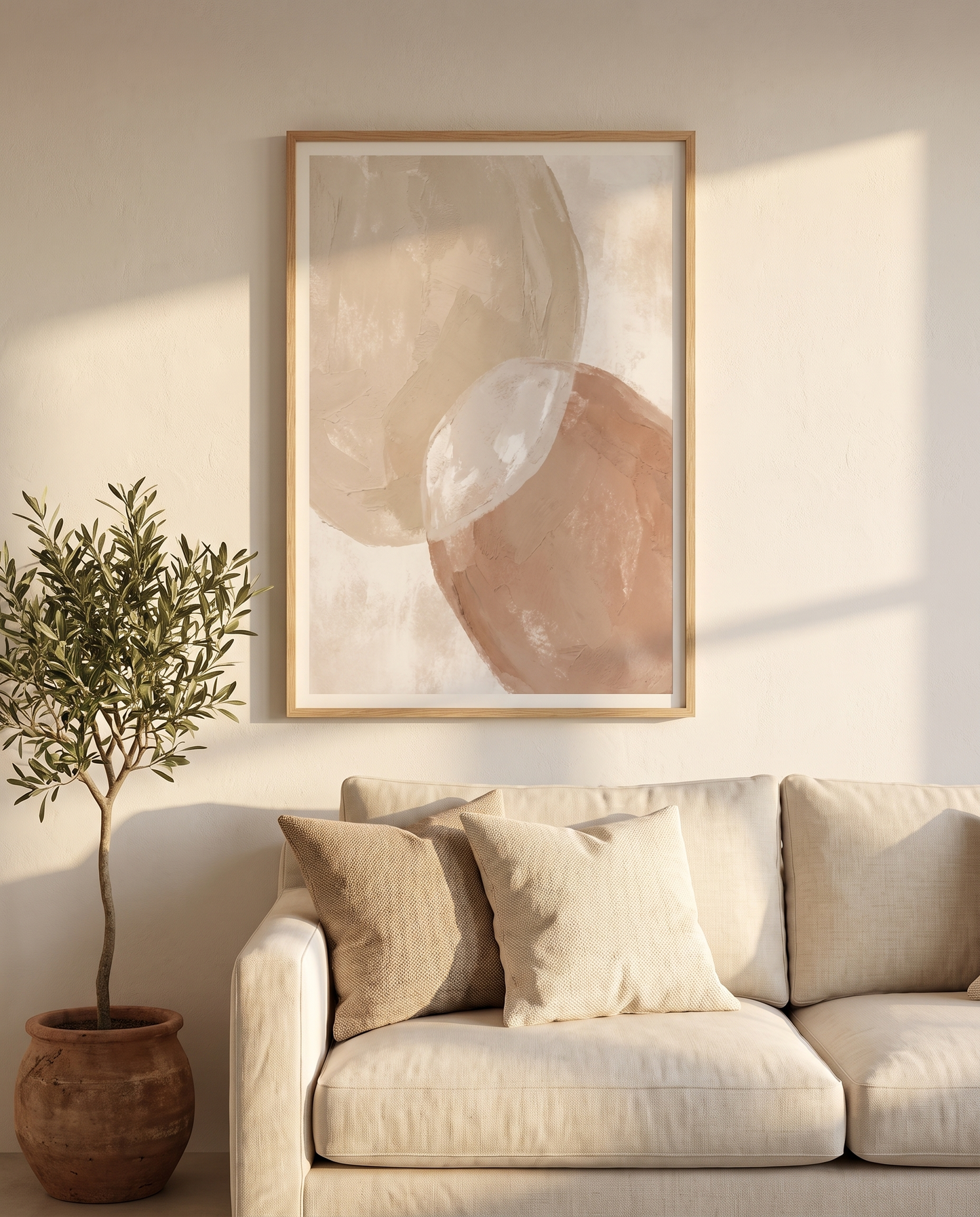 Terra Forms No.1 framed in oak above a cream linen sofa