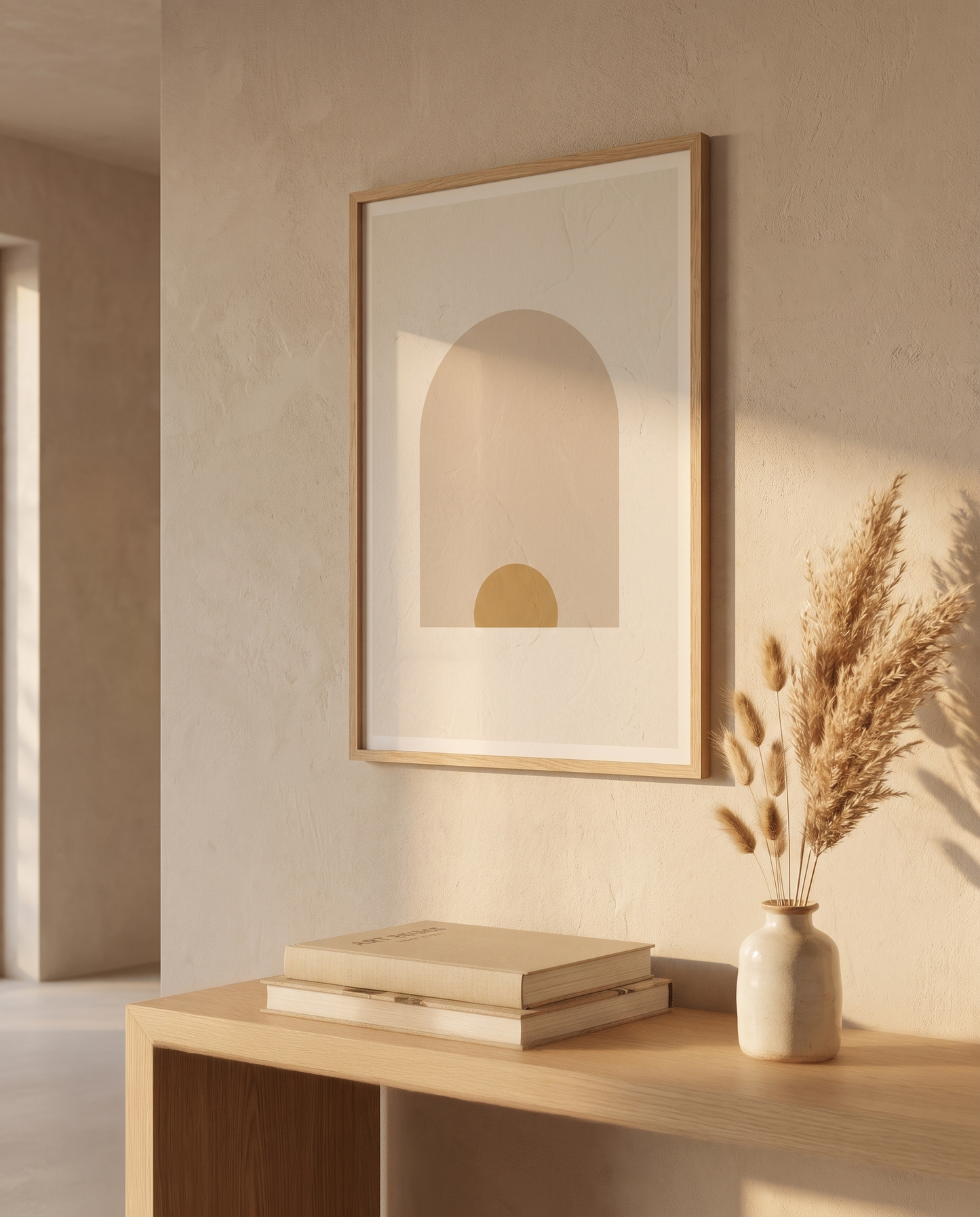 Arch Study III framed in oak above a console table