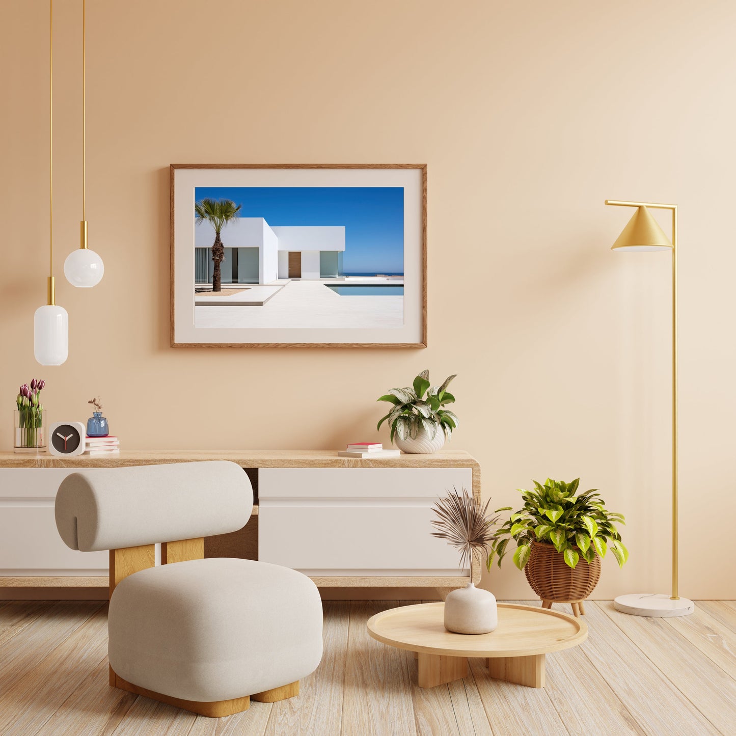 a living room with a picture hanging on the wall