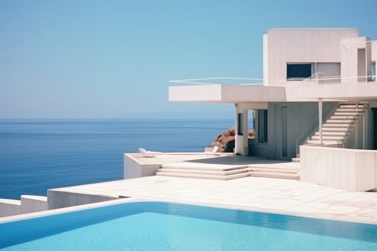 a large swimming pool next to a white house