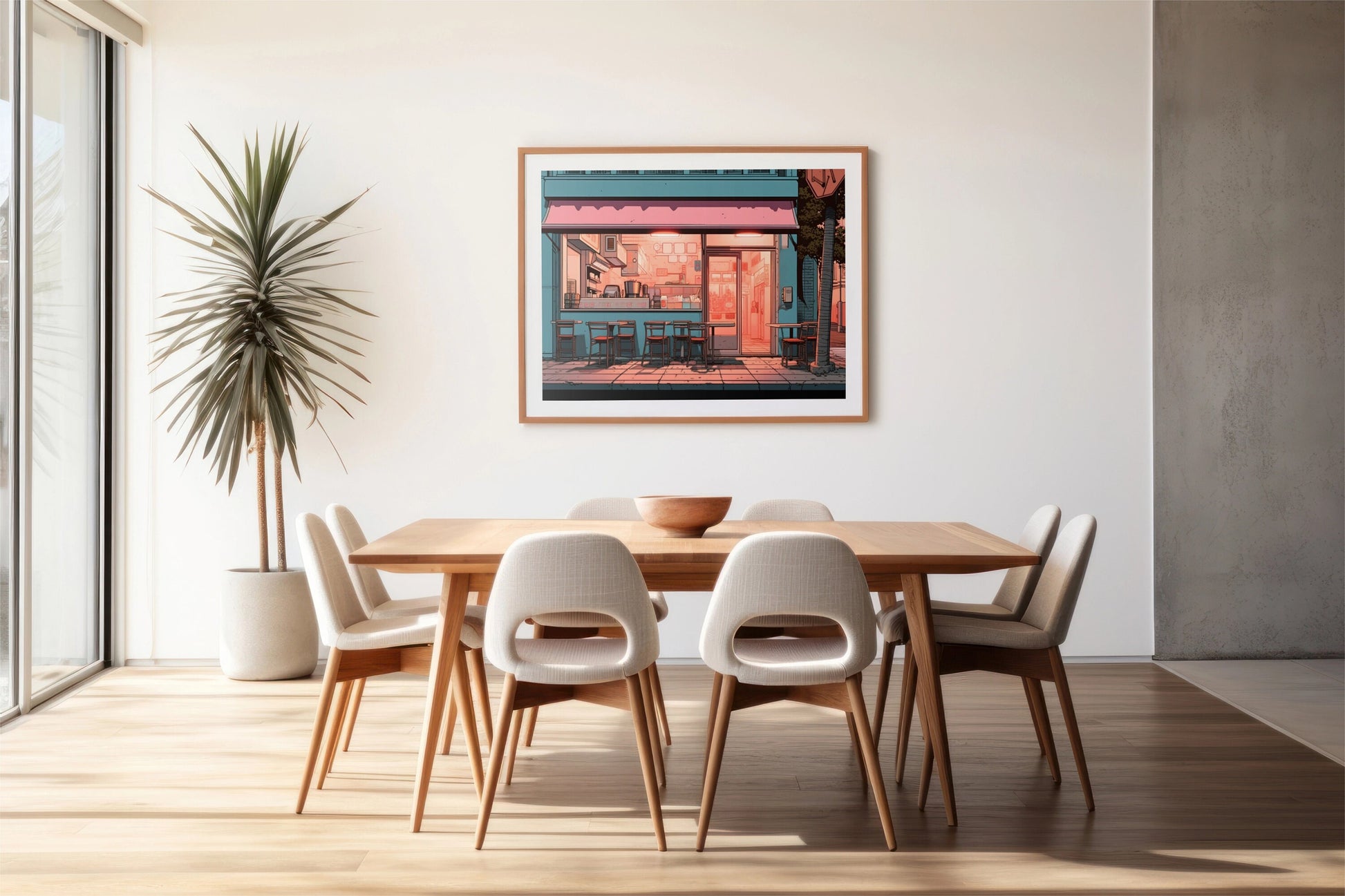 a picture of a dining room with a table and chairs
