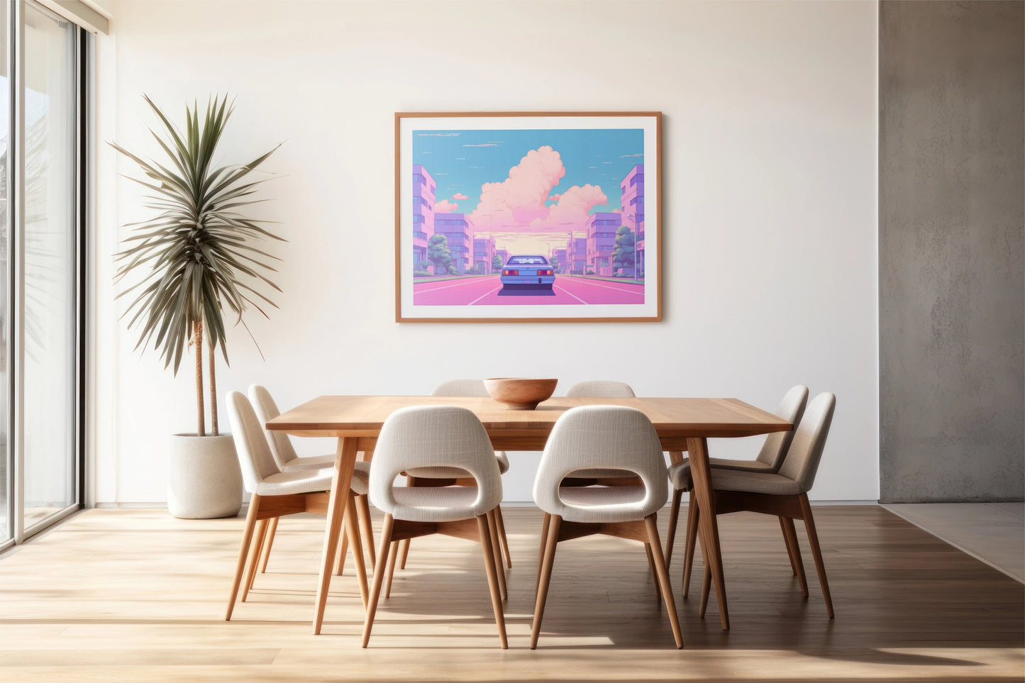a picture of a dining room with a table and chairs