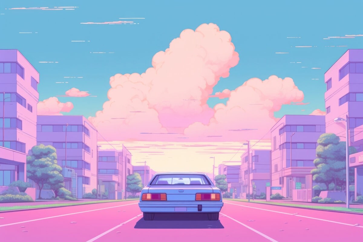 a blue car driving down a street next to tall buildings