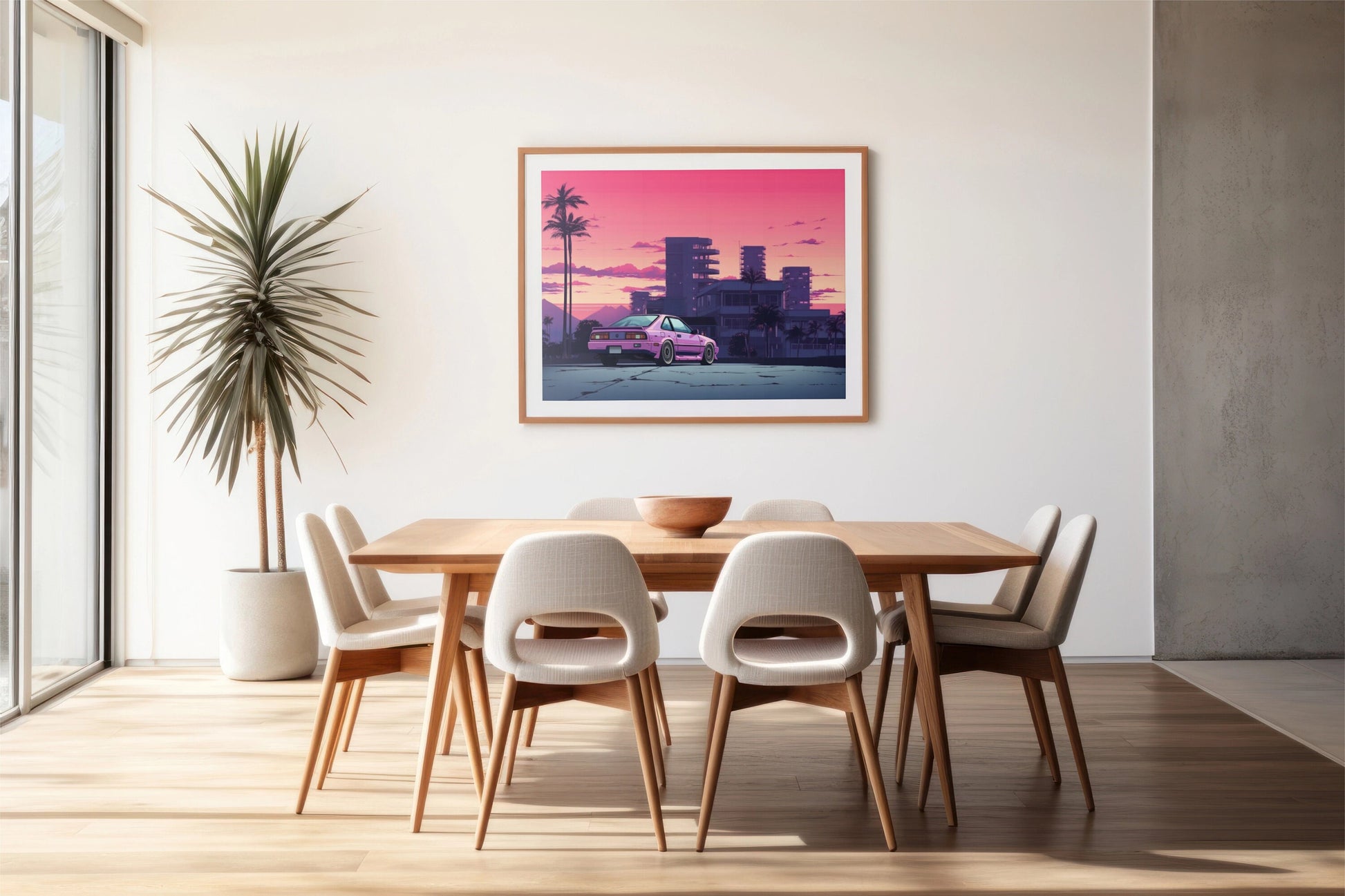 a dining room table with chairs and a picture hanging on the wall