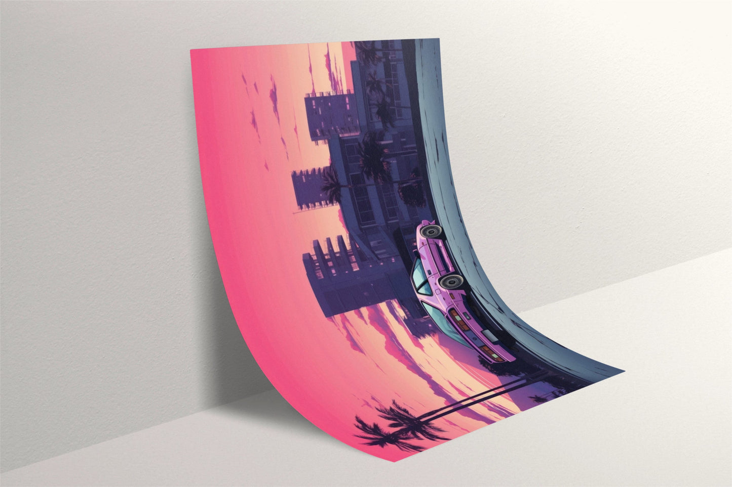 a car is parked in front of a pink wall