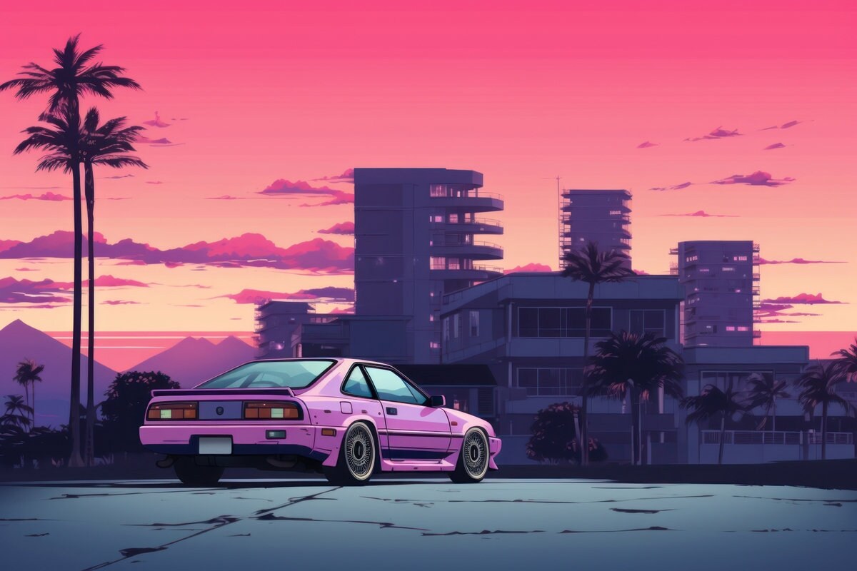 a pink car parked on the side of a road