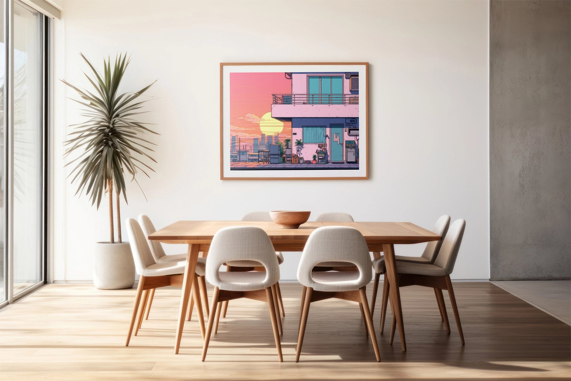 a picture of a dining room with a table and chairs