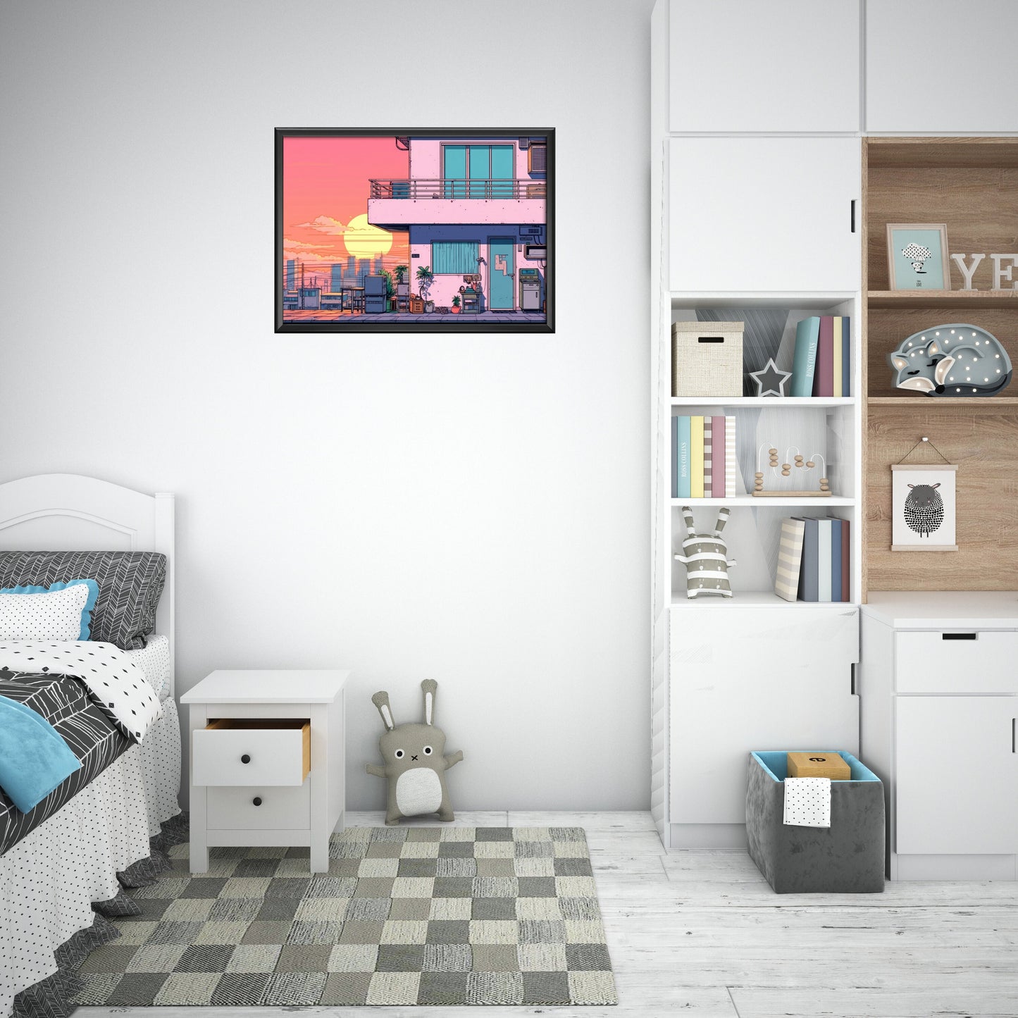 a bedroom with a bed and a book shelf