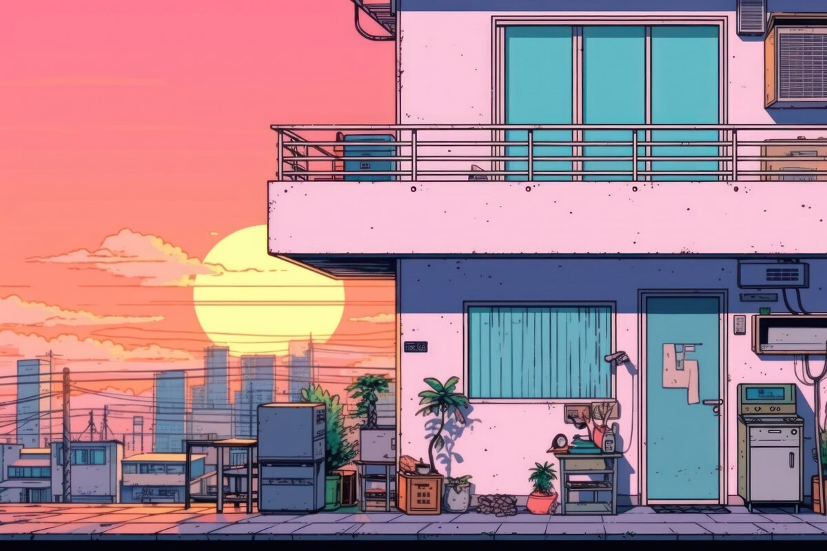 a drawing of a building with a sunset in the background