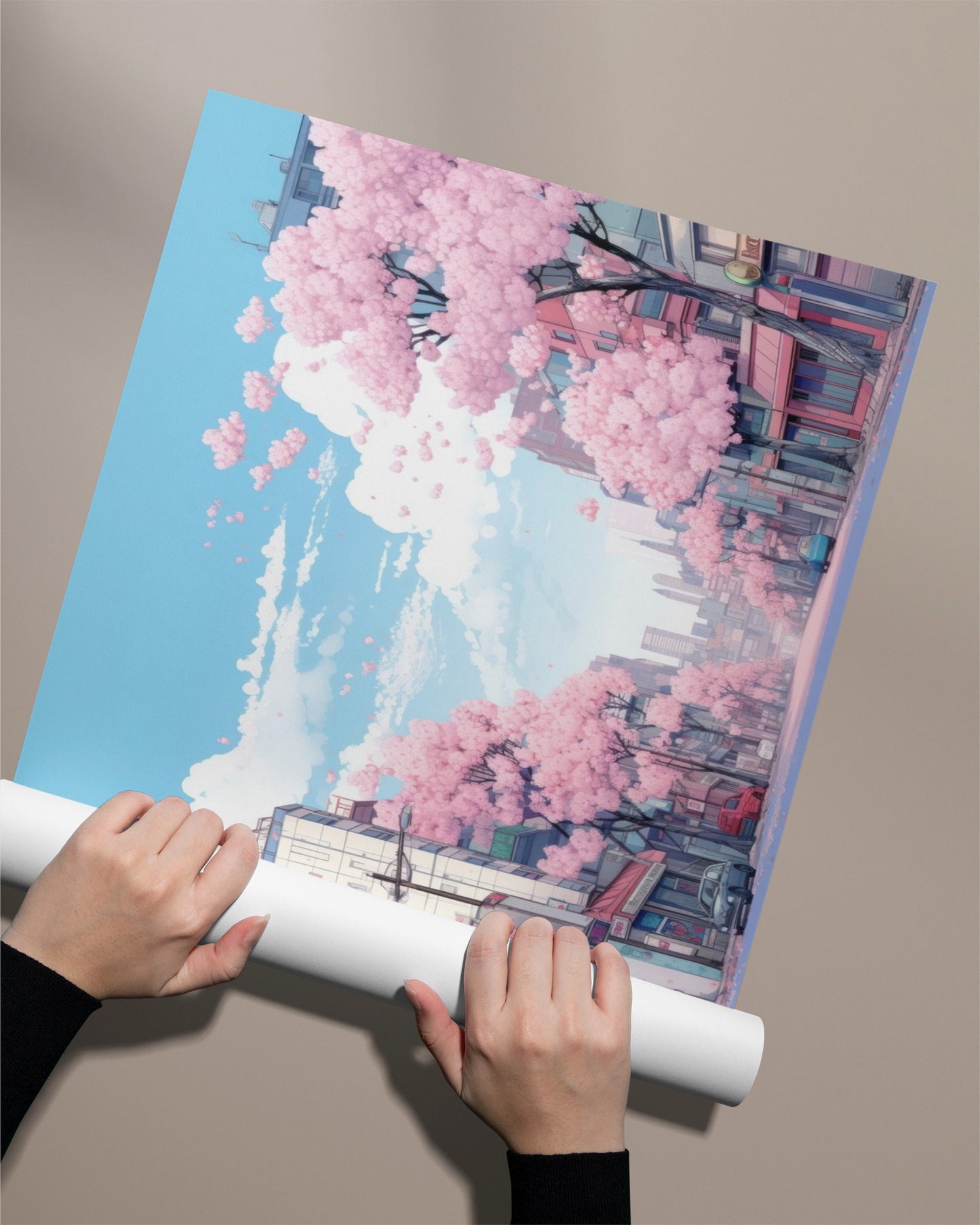 a person holding up a picture of a tree with pink flowers