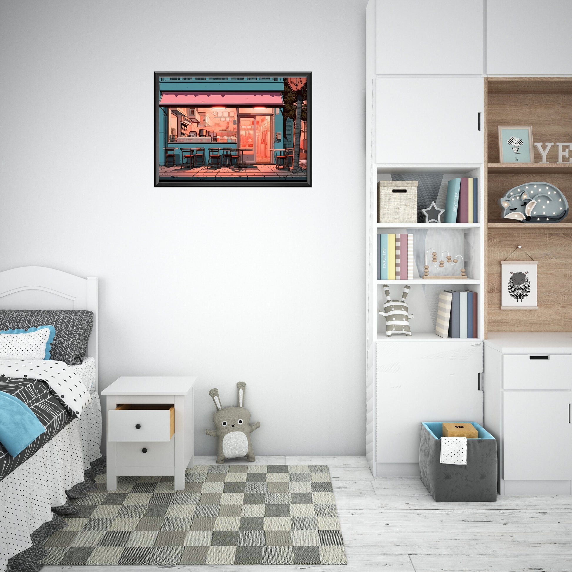 a bedroom with a bed and a book shelf