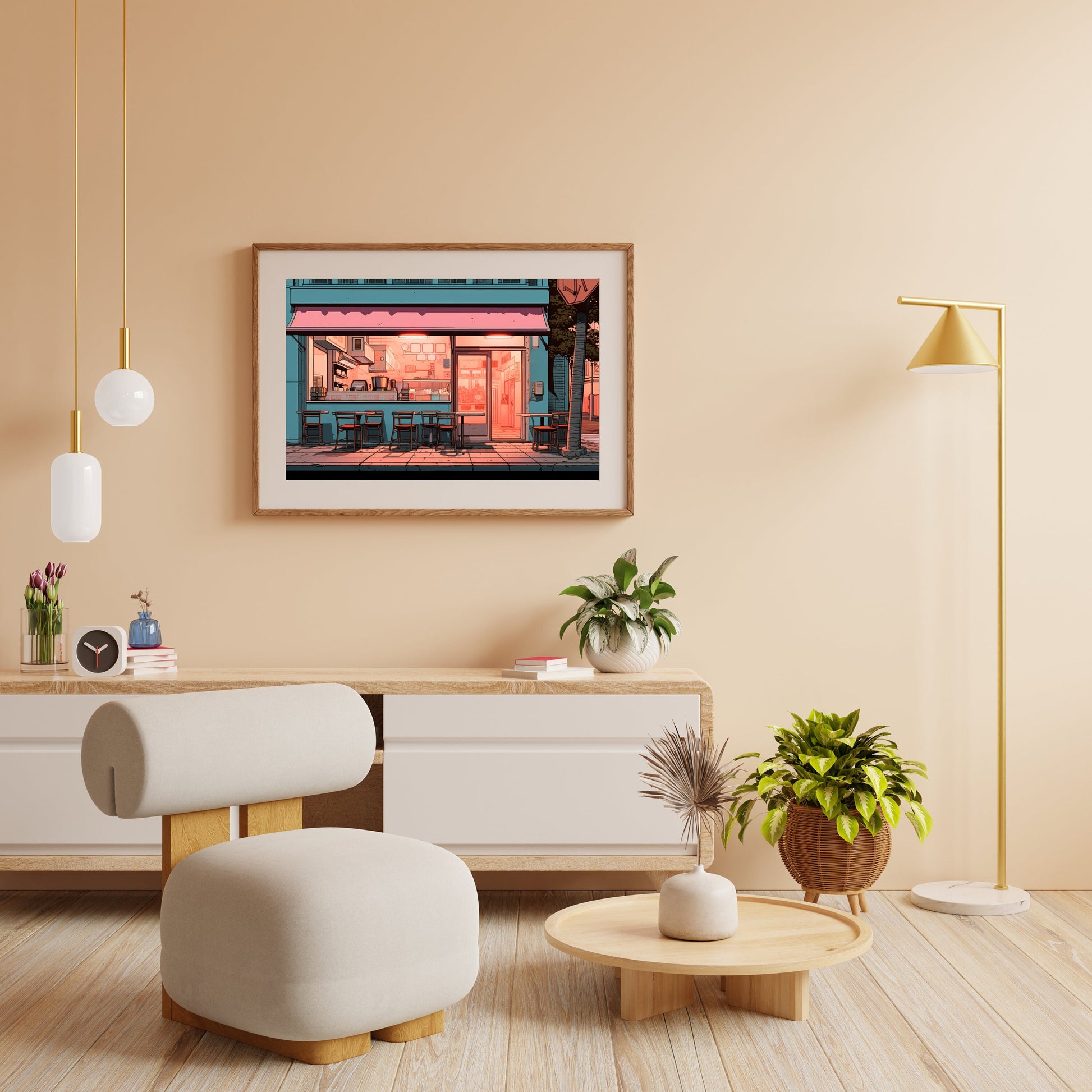 a living room with a chair and a table