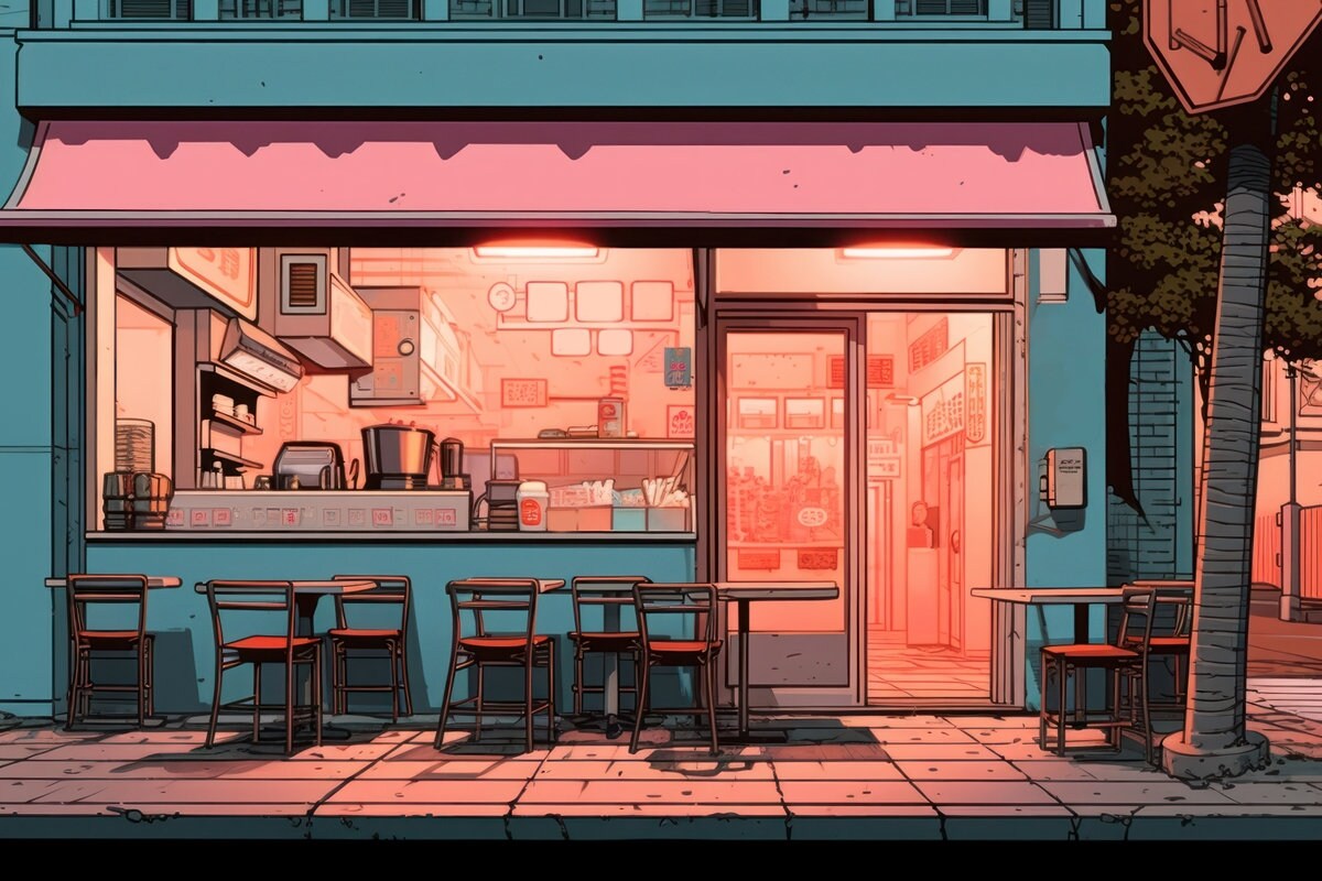 a drawing of a restaurant with tables and chairs