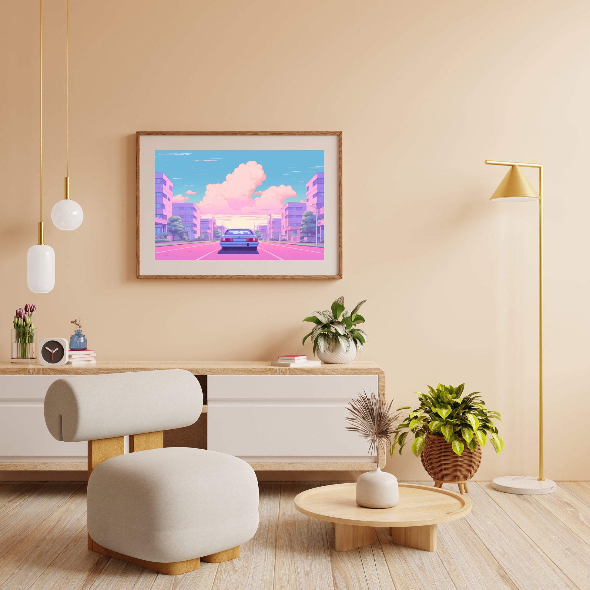 a living room with a couch, chair and a painting on the wall