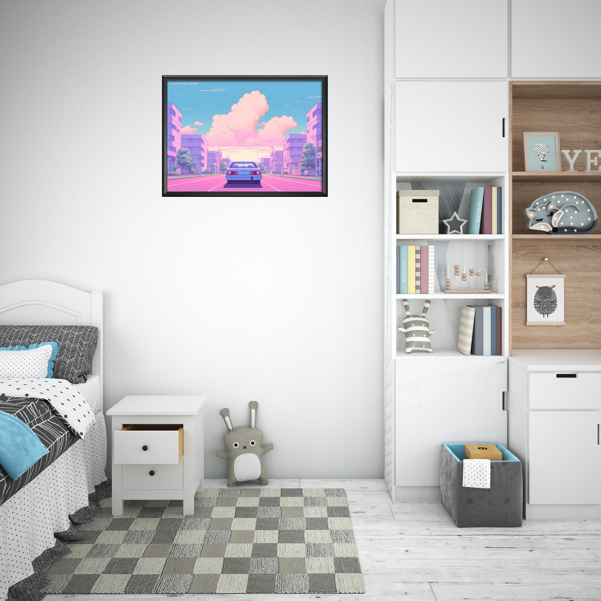 a bedroom with a bed and a book shelf
