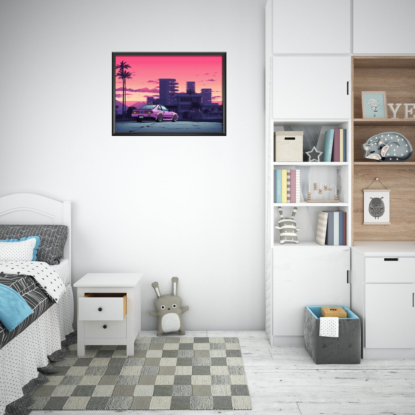 a bedroom with a bed and a book shelf