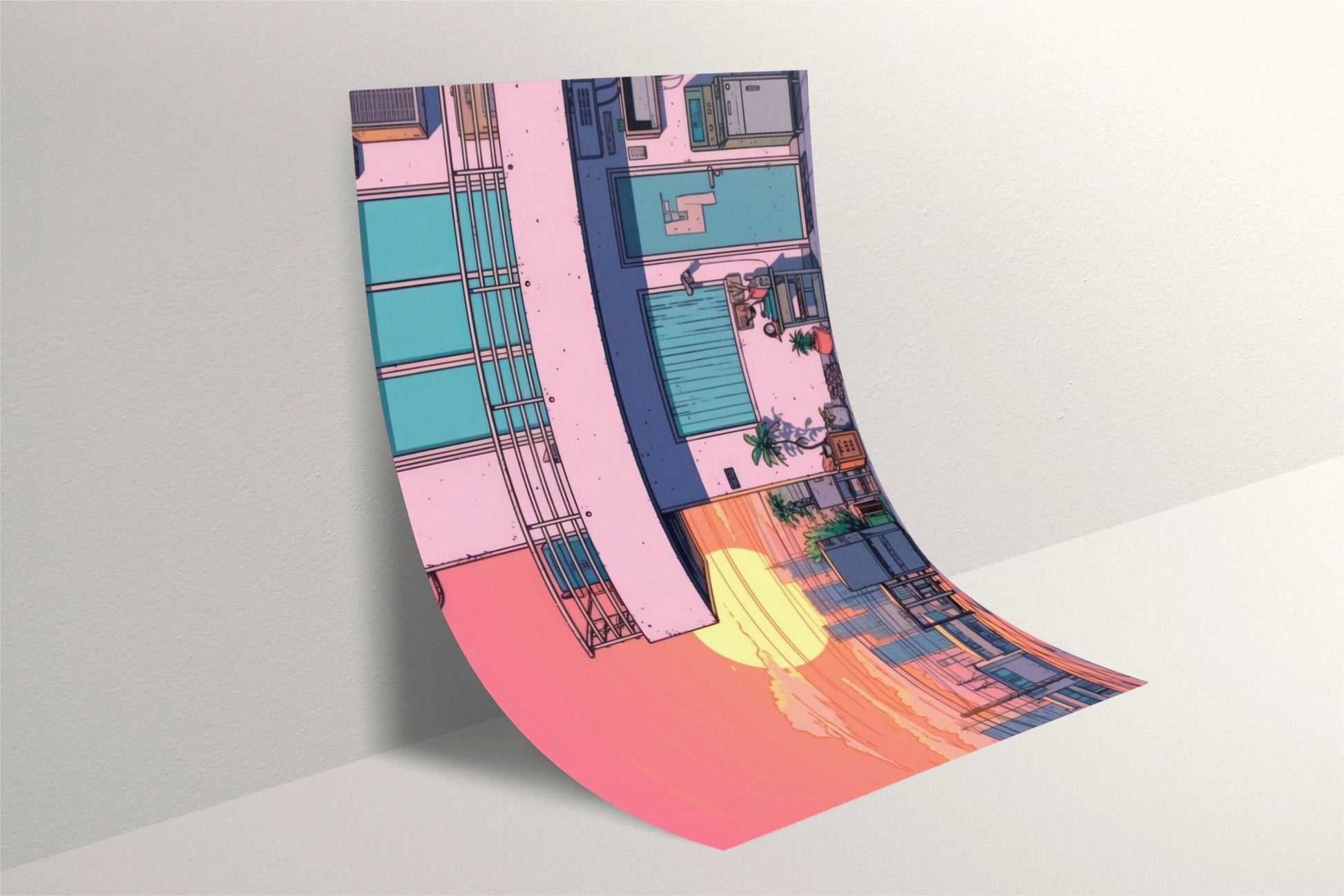 a picture of a building with a pink and blue roof