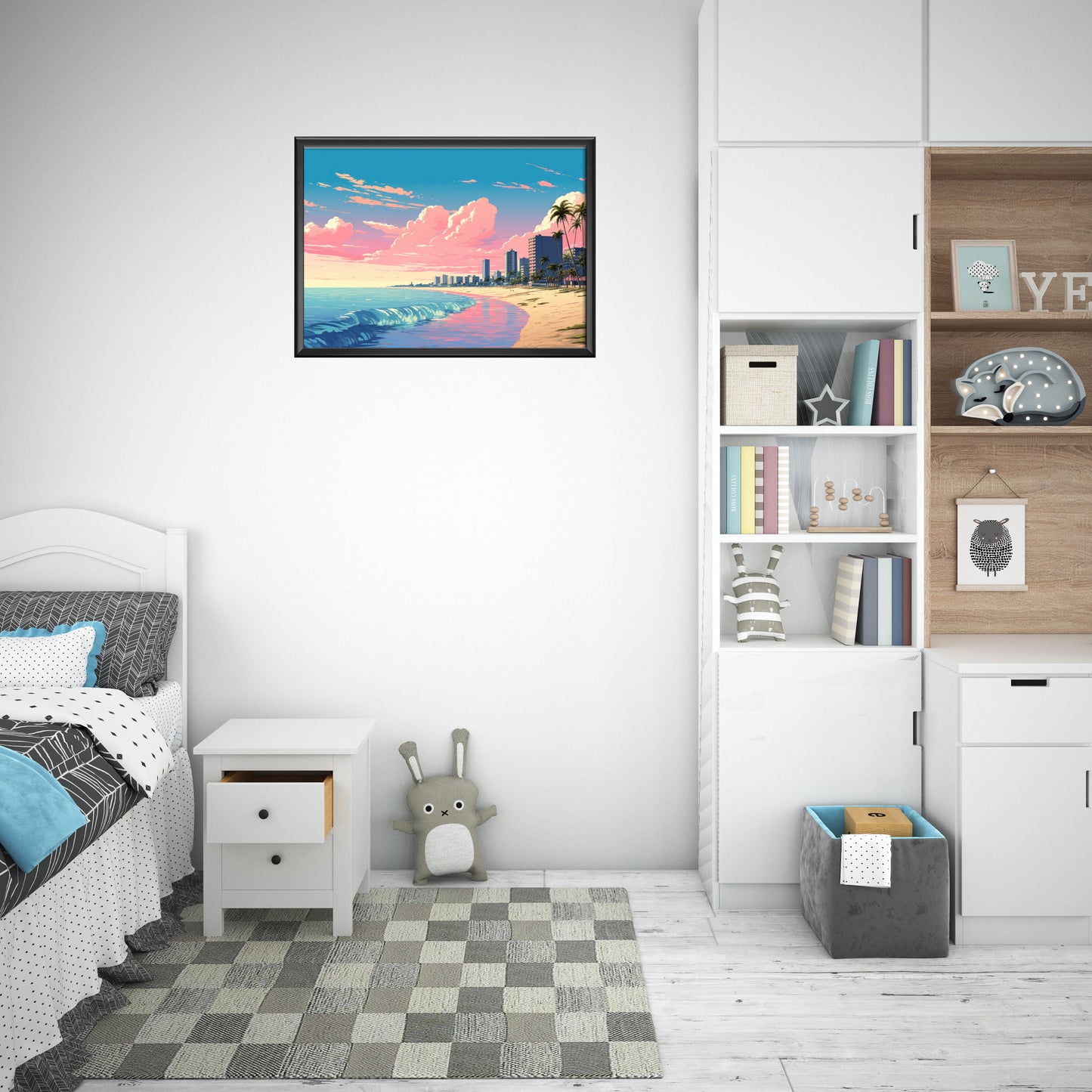 a bedroom with a bed and a book shelf
