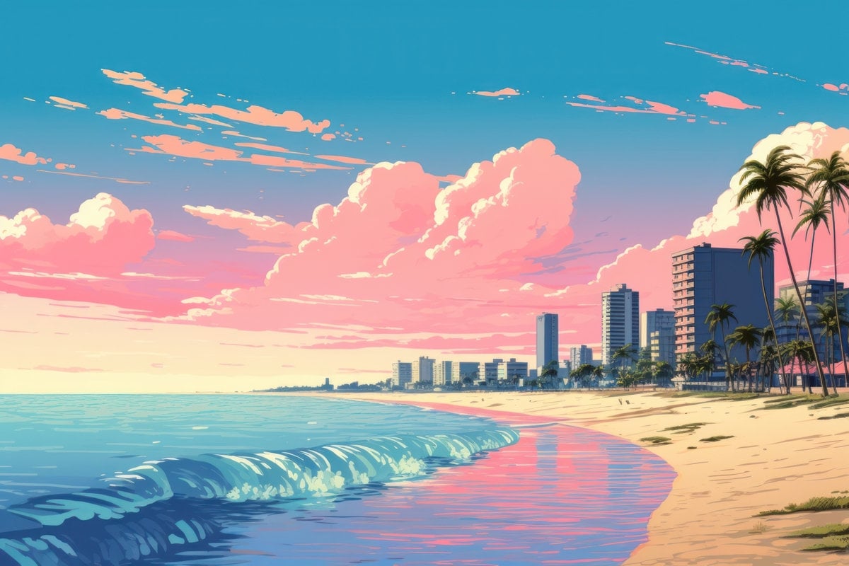 a painting of a beach with a city in the background