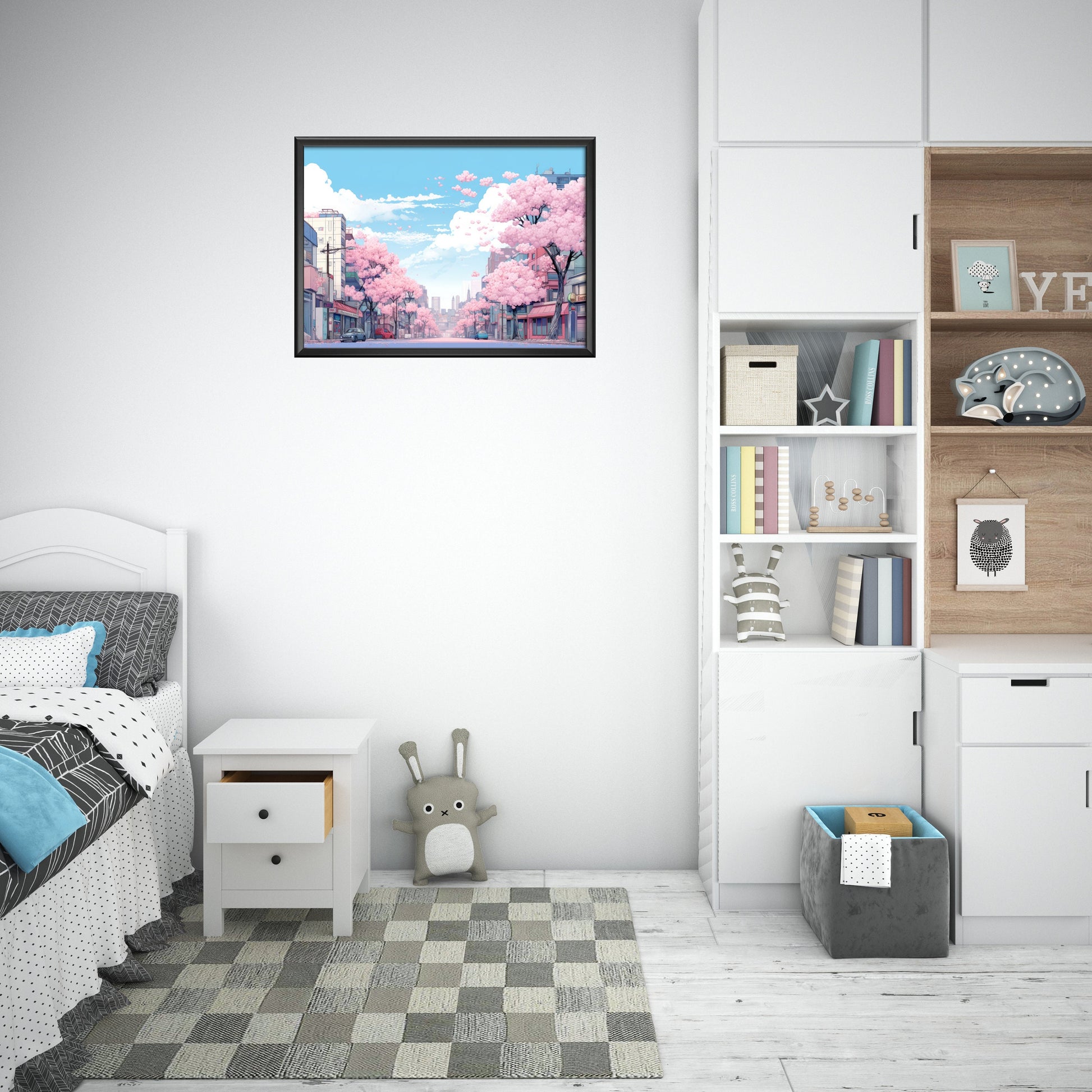 a bedroom with a bed and a book shelf