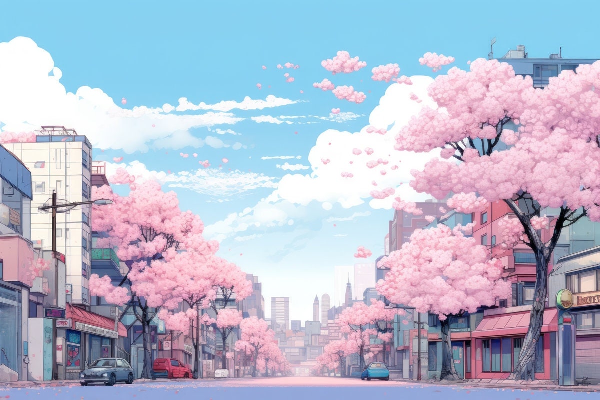 a painting of a city street with pink trees