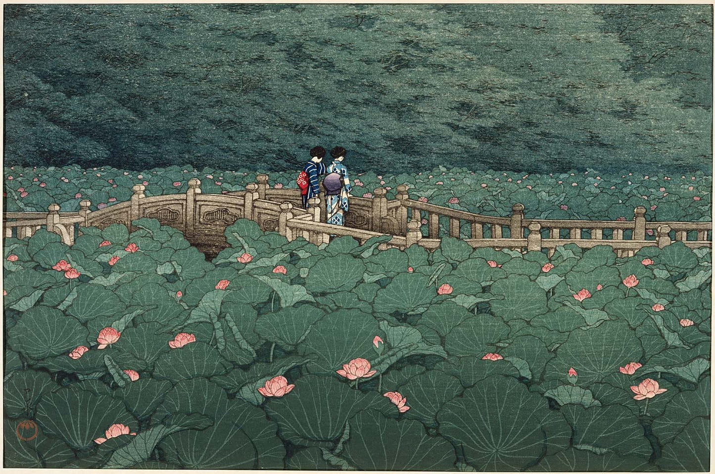The Pond at Benten Shrine in Shiba by Kawase Hasui Vintage Print Poster Illustration Wall Hanging Decor