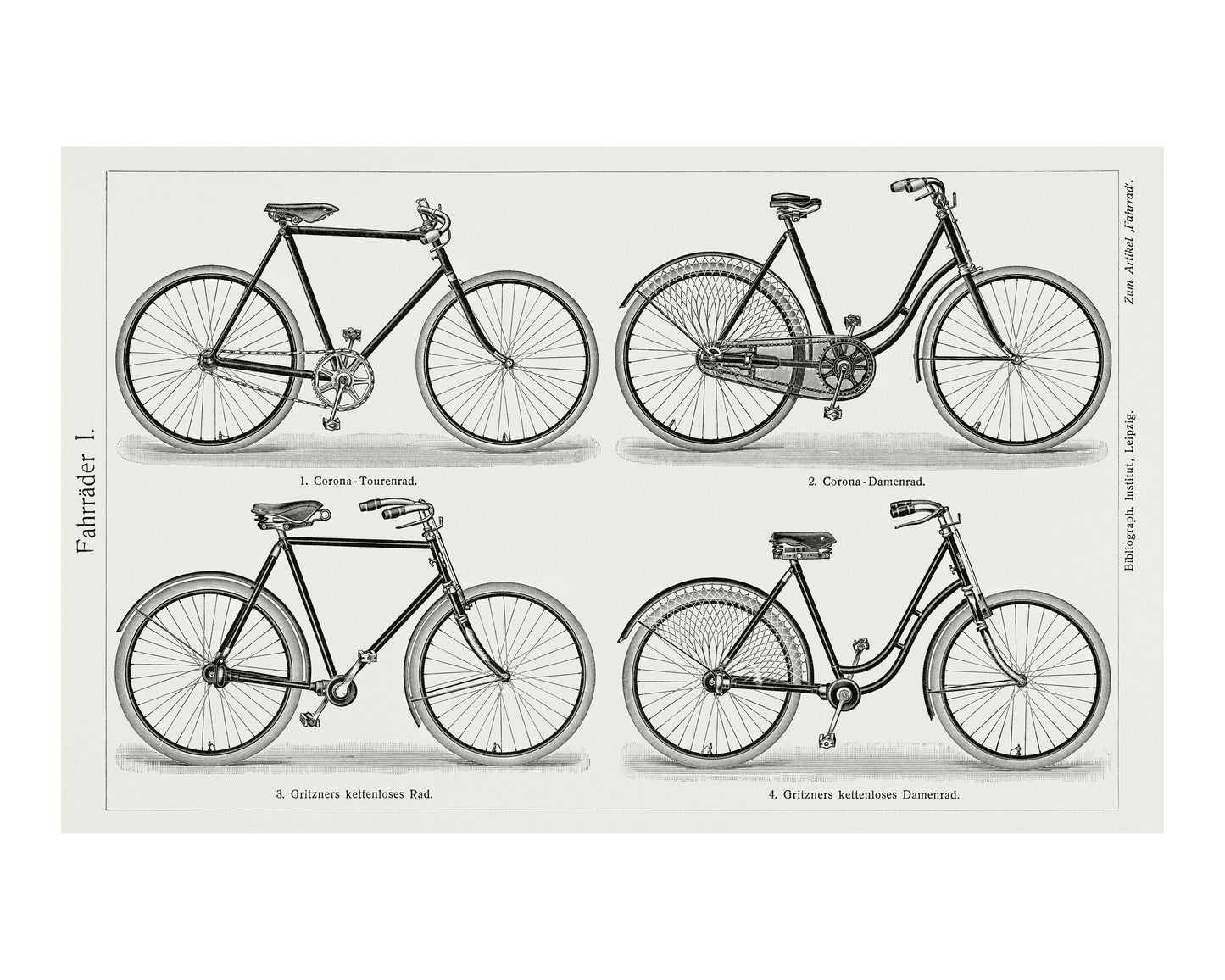 Black and white different types of bicycles vintage illustration art print poster Wall Hanging Decor