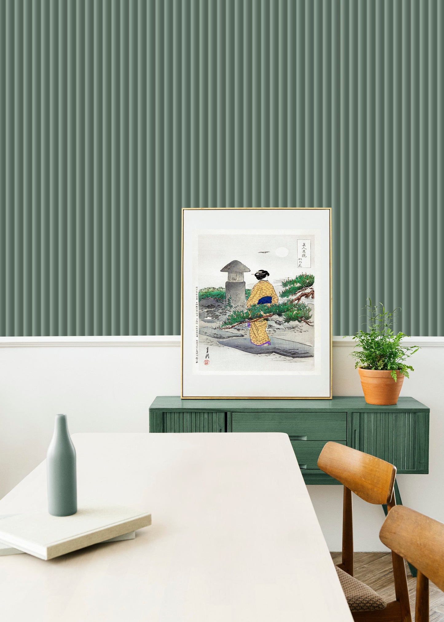 Full Moon and Pine Tree Kimono Japanese Art Poster Illustration Print Wall Hanging Decor