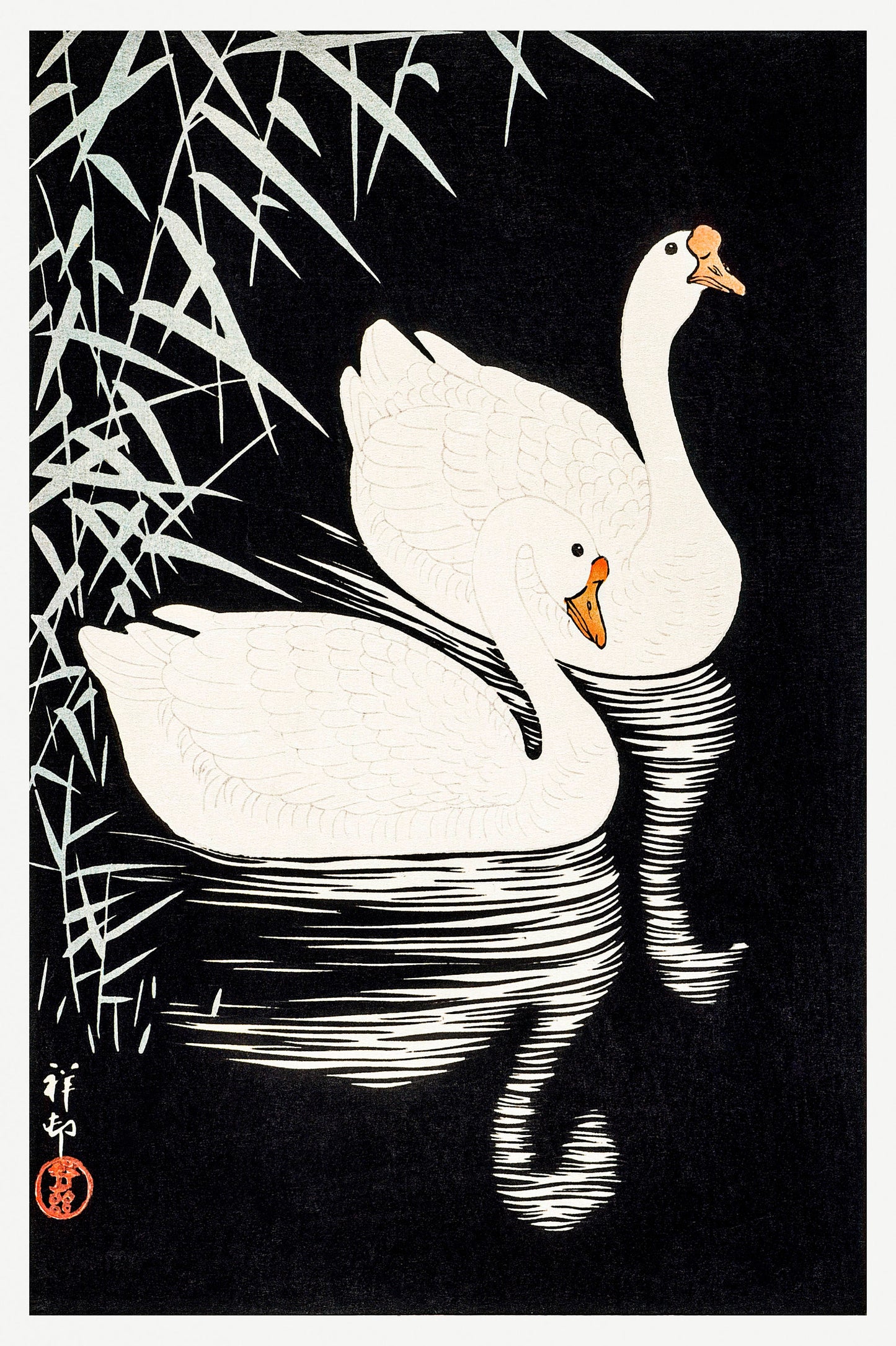 White Chinese Geese Swimming by Reeds by Ohara Koson Japanese Art Print Poster Wall Hanging Decor A4 A3 A2