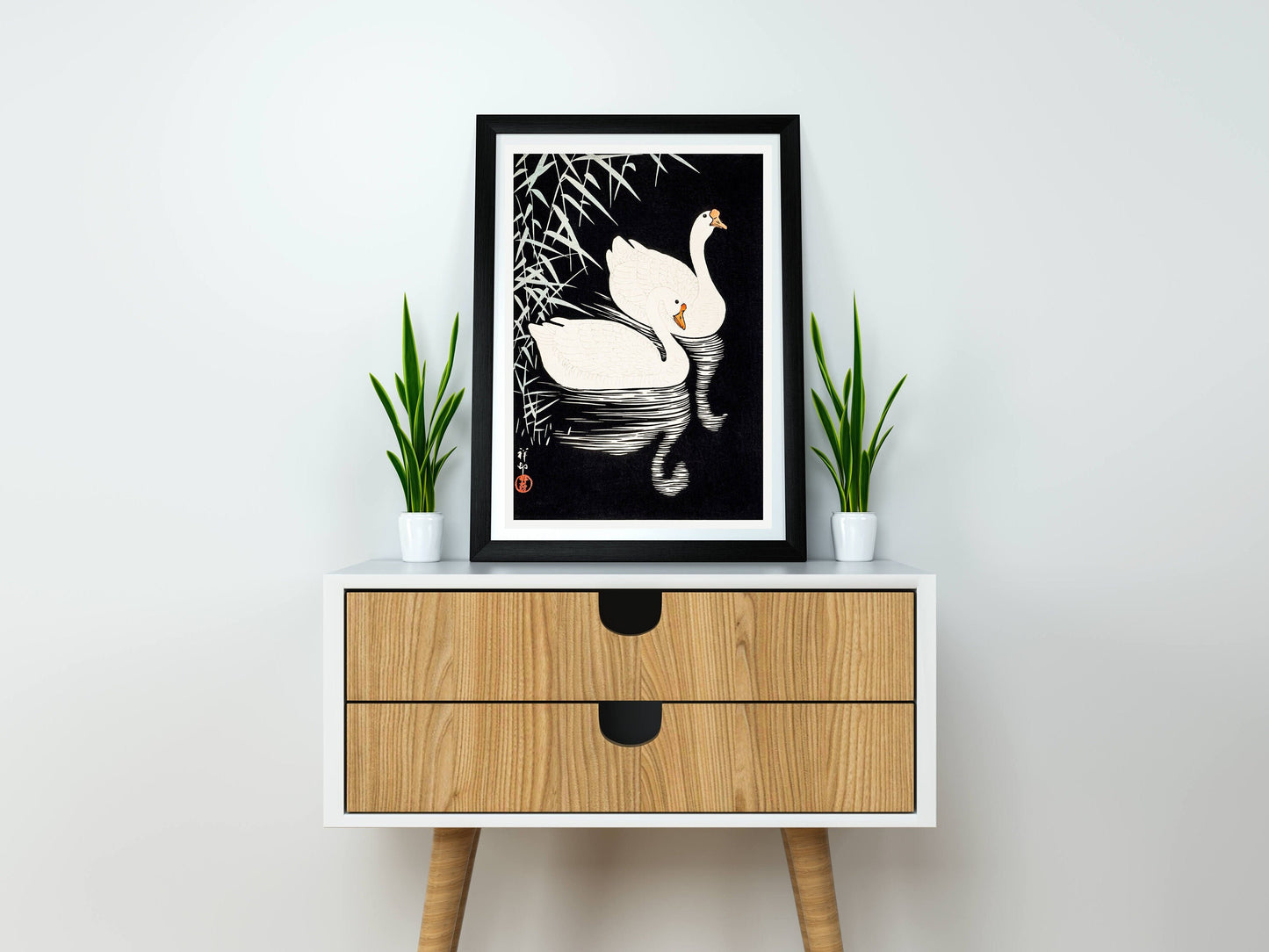 White Chinese Geese Swimming by Reeds by Ohara Koson Japanese Art Print Poster Wall Hanging Decor A4 A3 A2