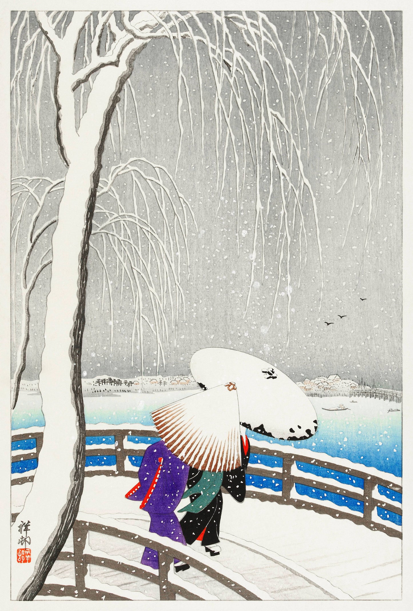Two women in the snow on Yanagi Bridge by Ohara Koson Japanese Art Print Poster Wall Hanging Decor A4 A3 A2