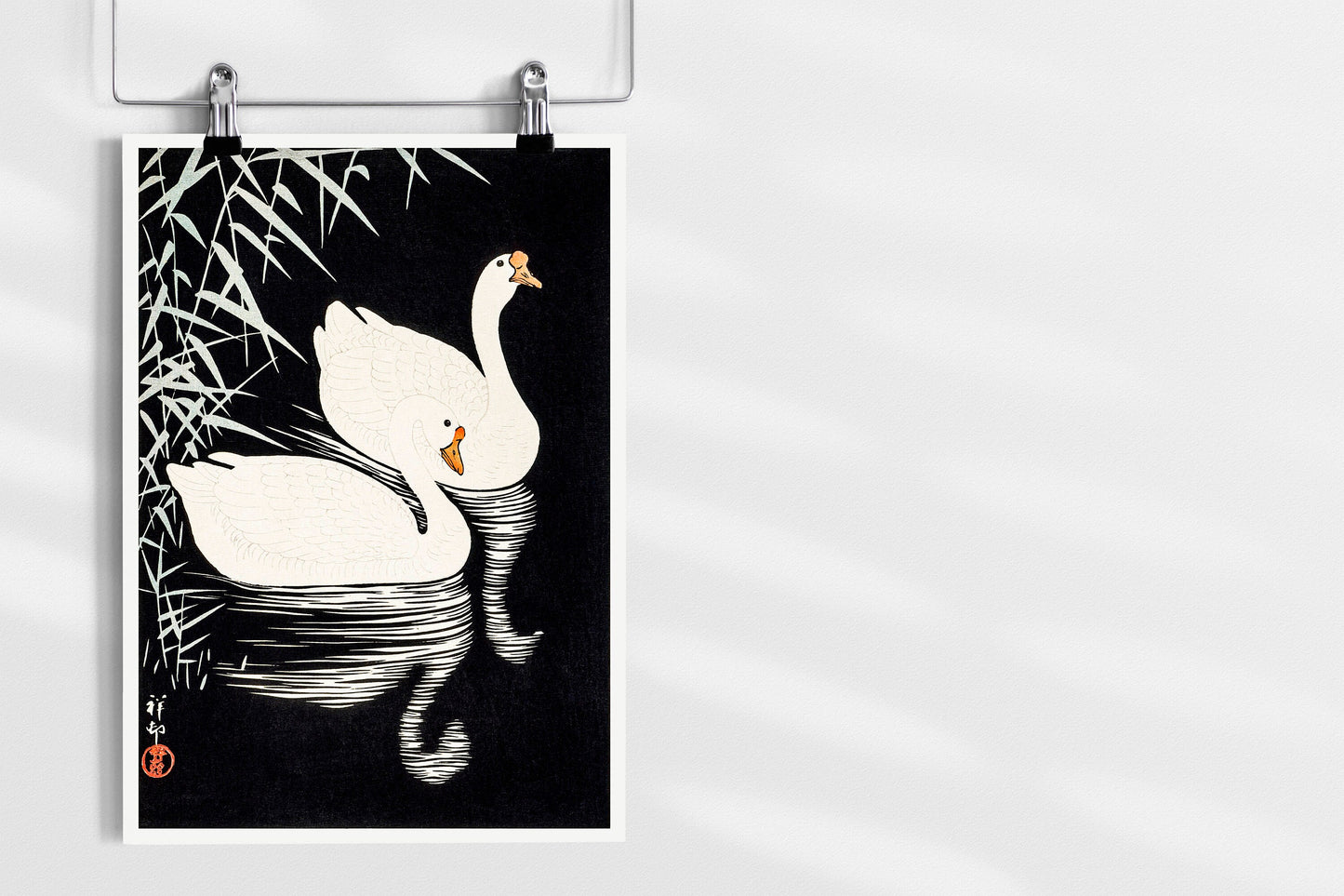 White Chinese Geese Swimming by Reeds by Ohara Koson Japanese Art Print Poster Wall Hanging Decor A4 A3 A2