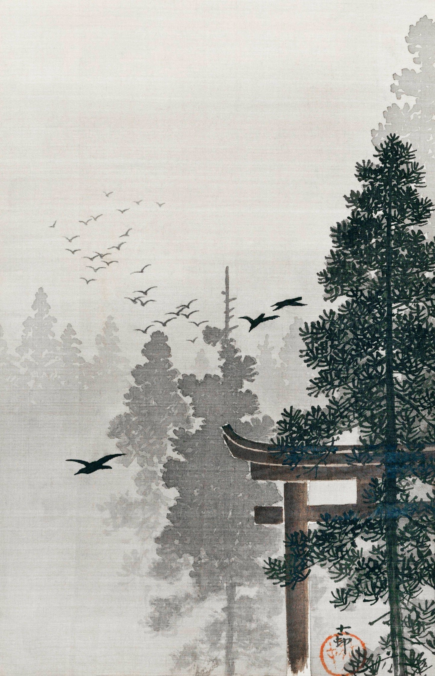 Flock of birds and a torii gate in a pine tree forest by Ohara Koson Japanese Art Print Poster Wall Hanging Decor A4 A3 A2