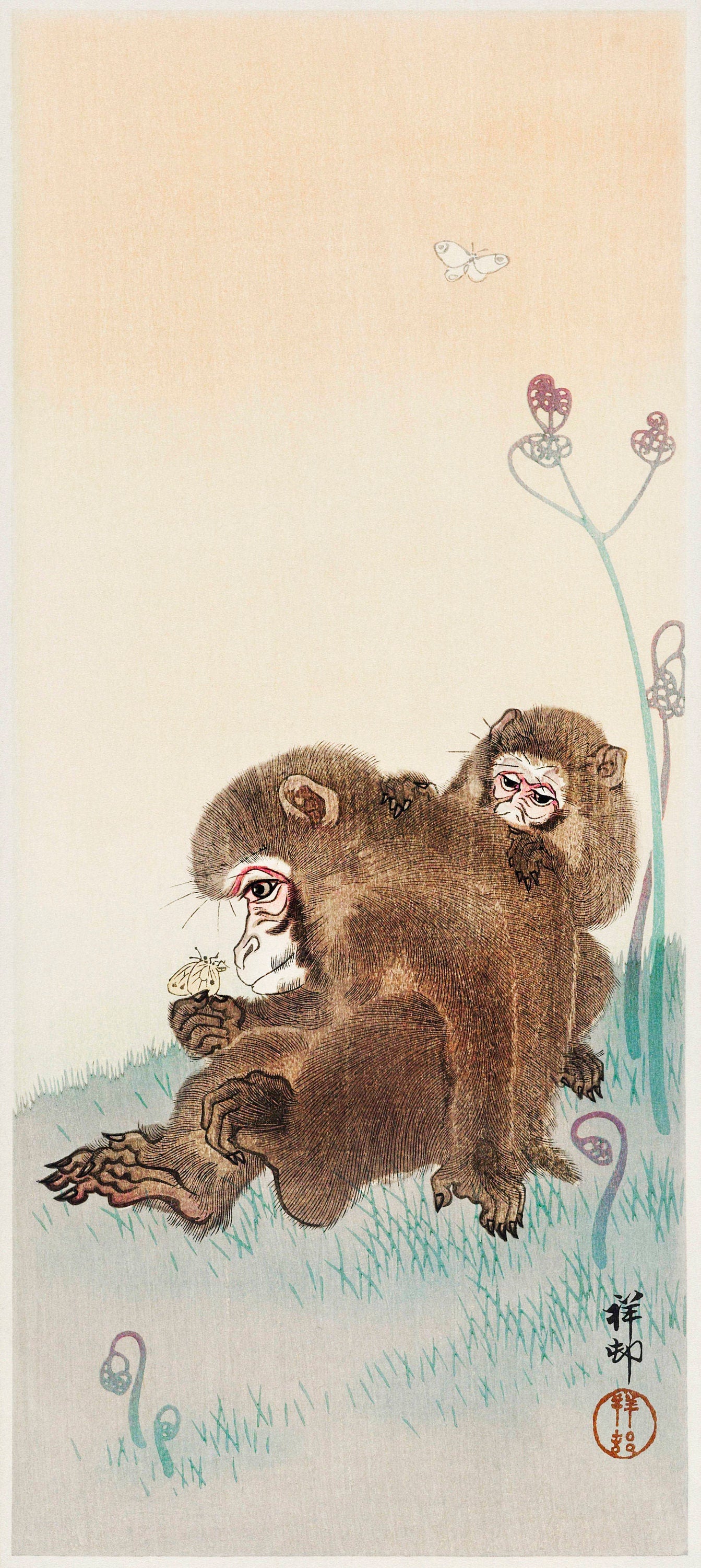 Two monkeys by Ohara Koson Japanese Art Print Poster Wall Hanging Decor A4 A3 A2