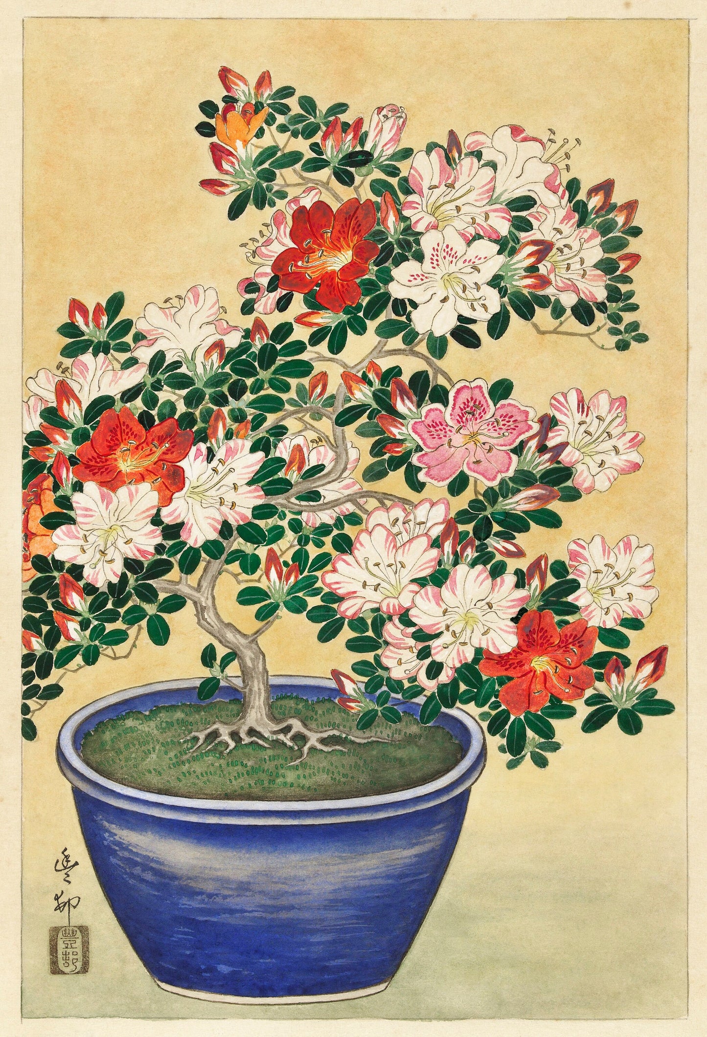 Blooming azalea in blue pot by Ohara Koson Poster Illustration Print Wall Hanging Decor A4 A3 A2