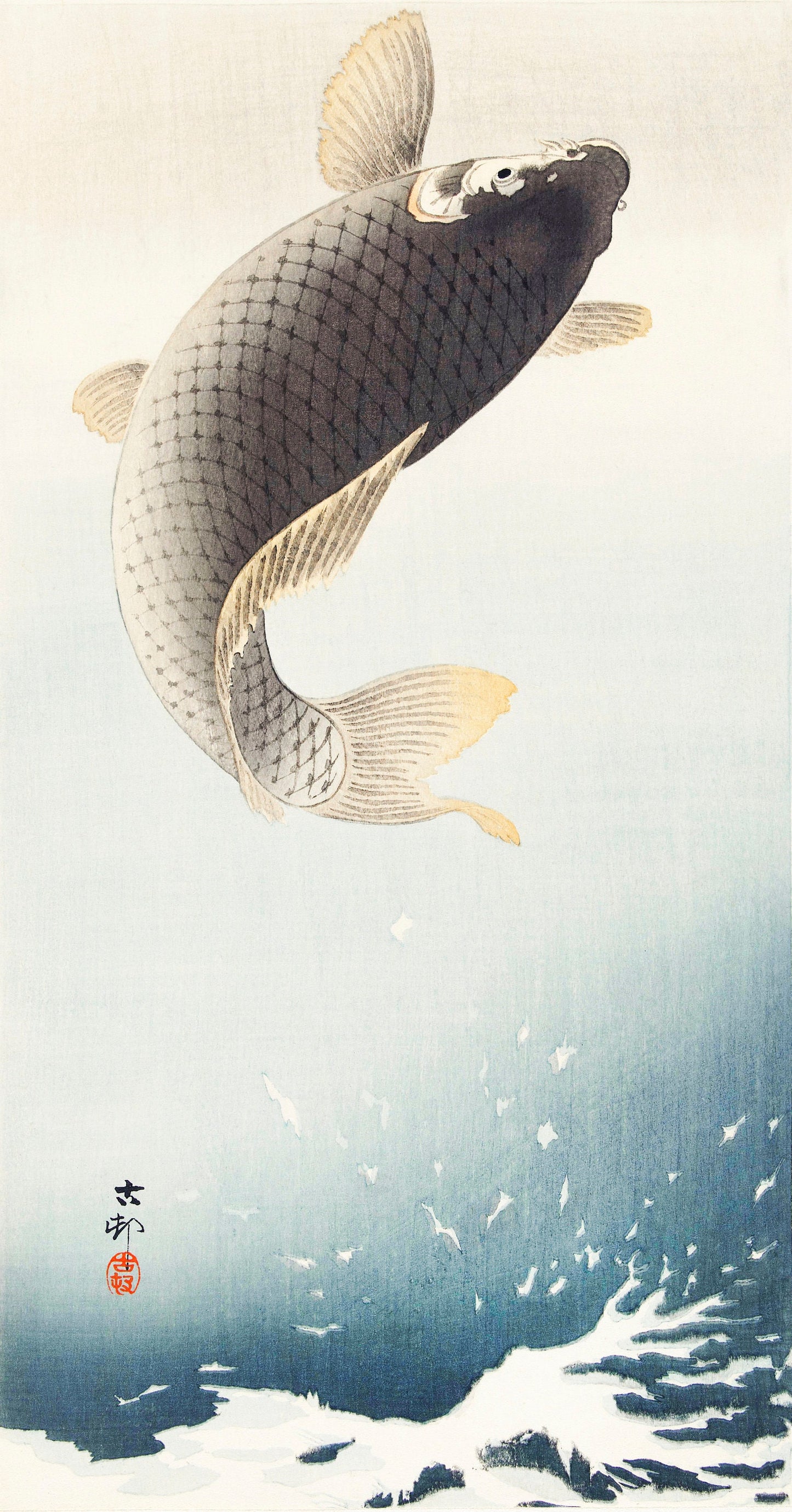 A jumping carp by Ohara Koson Poster Illustration Print Wall Hanging Decor A4 A3 A2