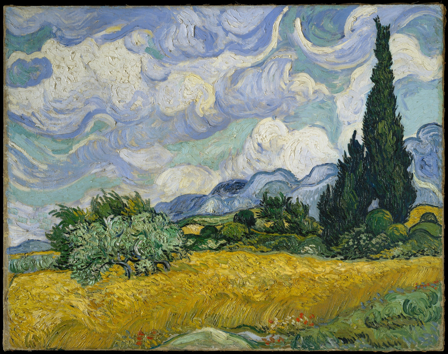 a painting of a field with trees and clouds