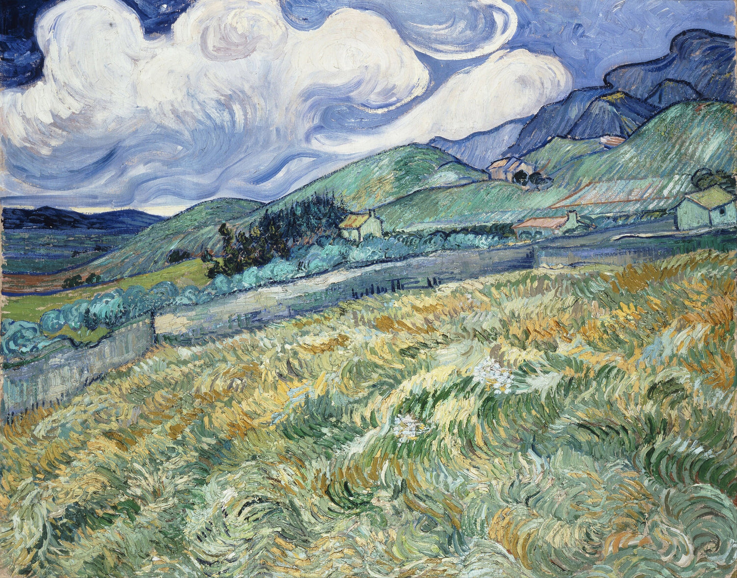 a painting of a grassy field with a sky filled with clouds