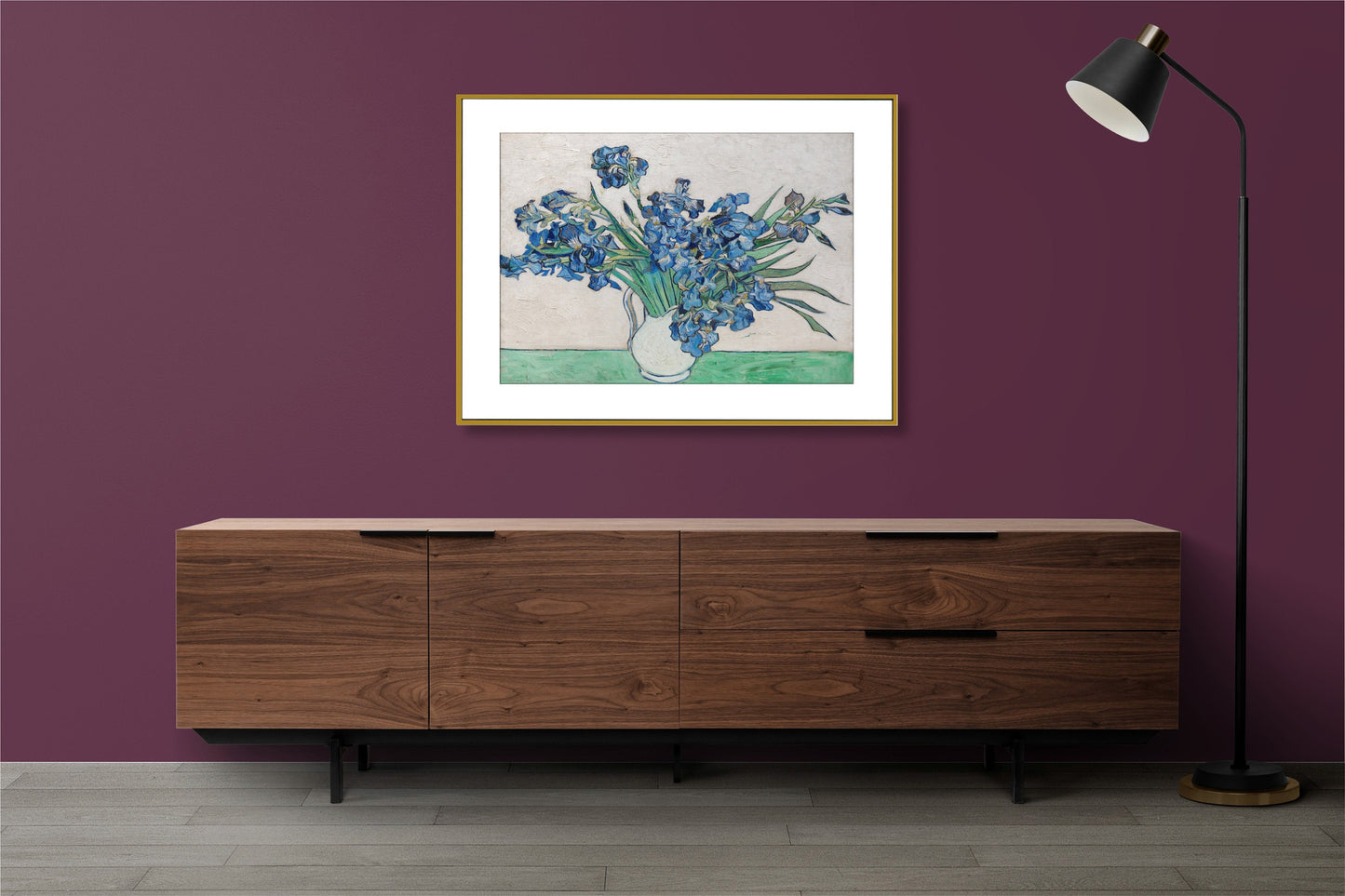 a painting of blue flowers in a vase on a purple wall