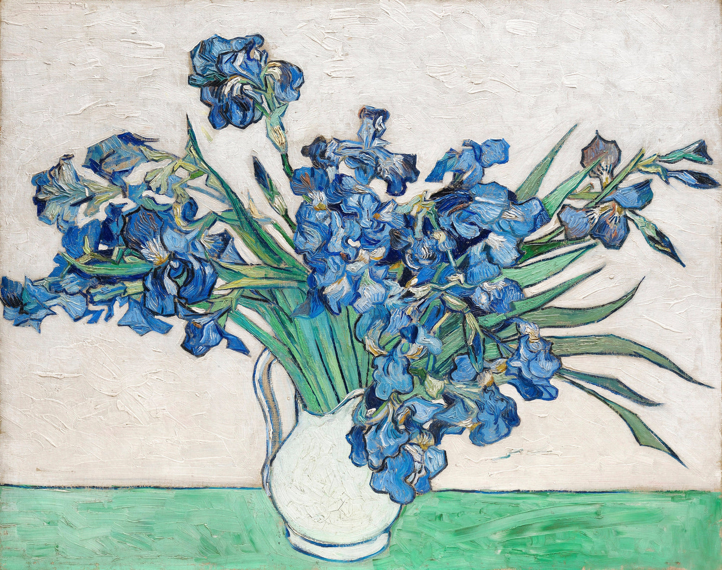 a painting of blue flowers in a white vase