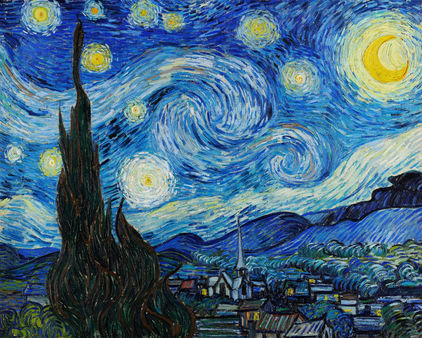 a painting of a starry night over a town