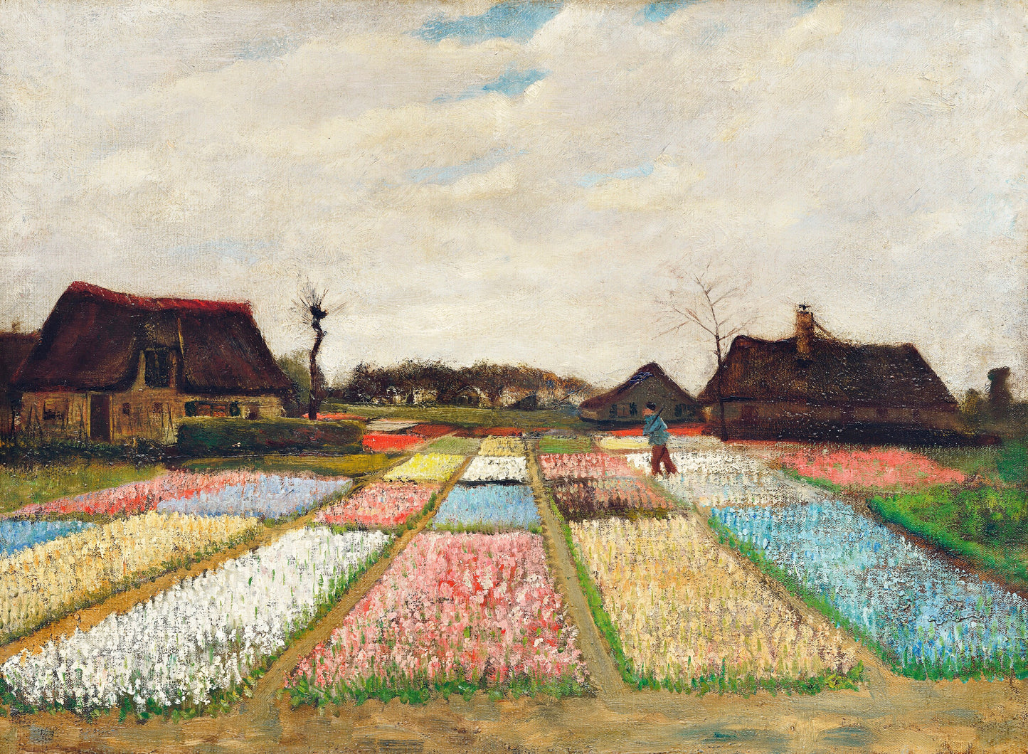 a painting of a person walking through a field of flowers