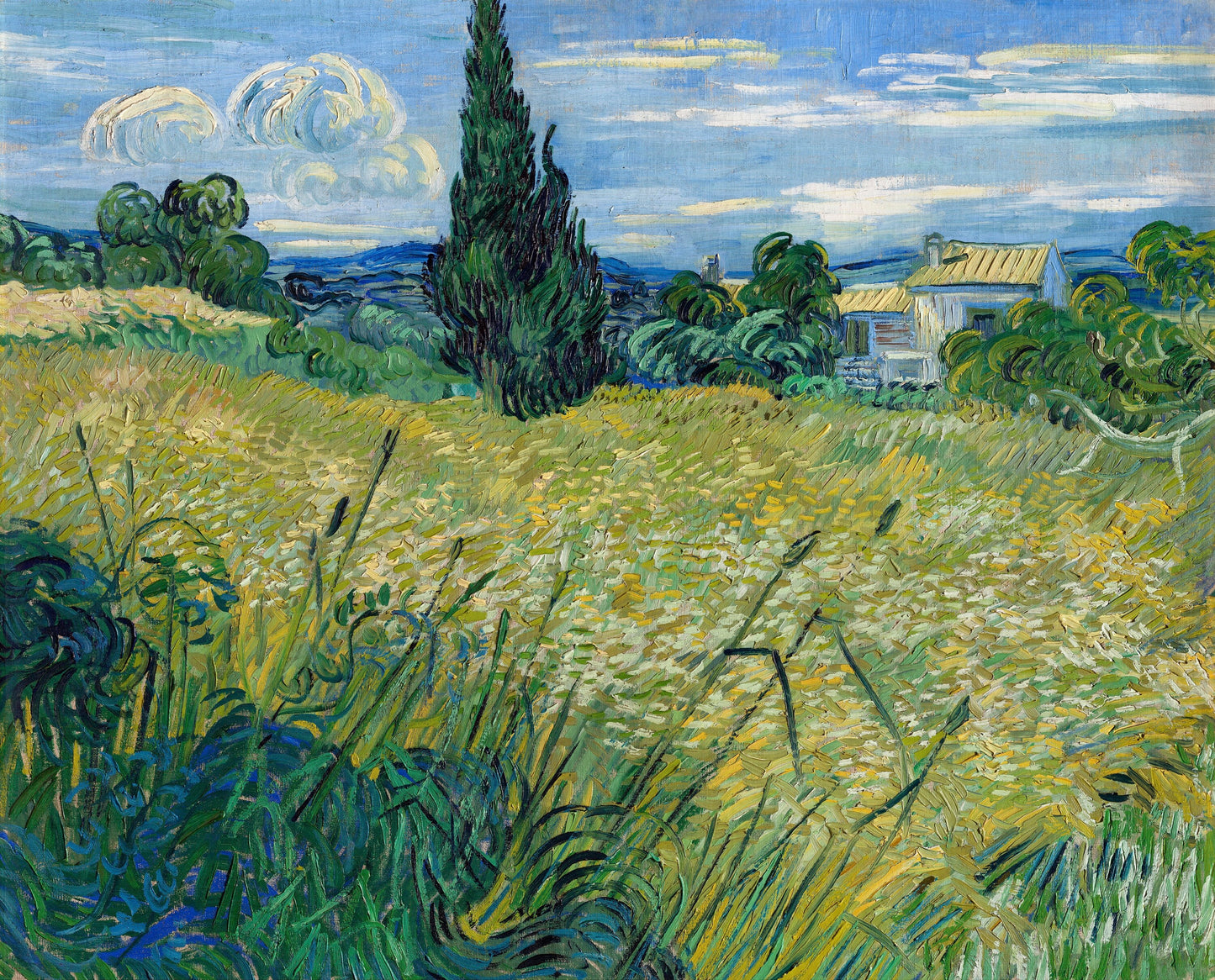 a painting of a field with a house in the distance