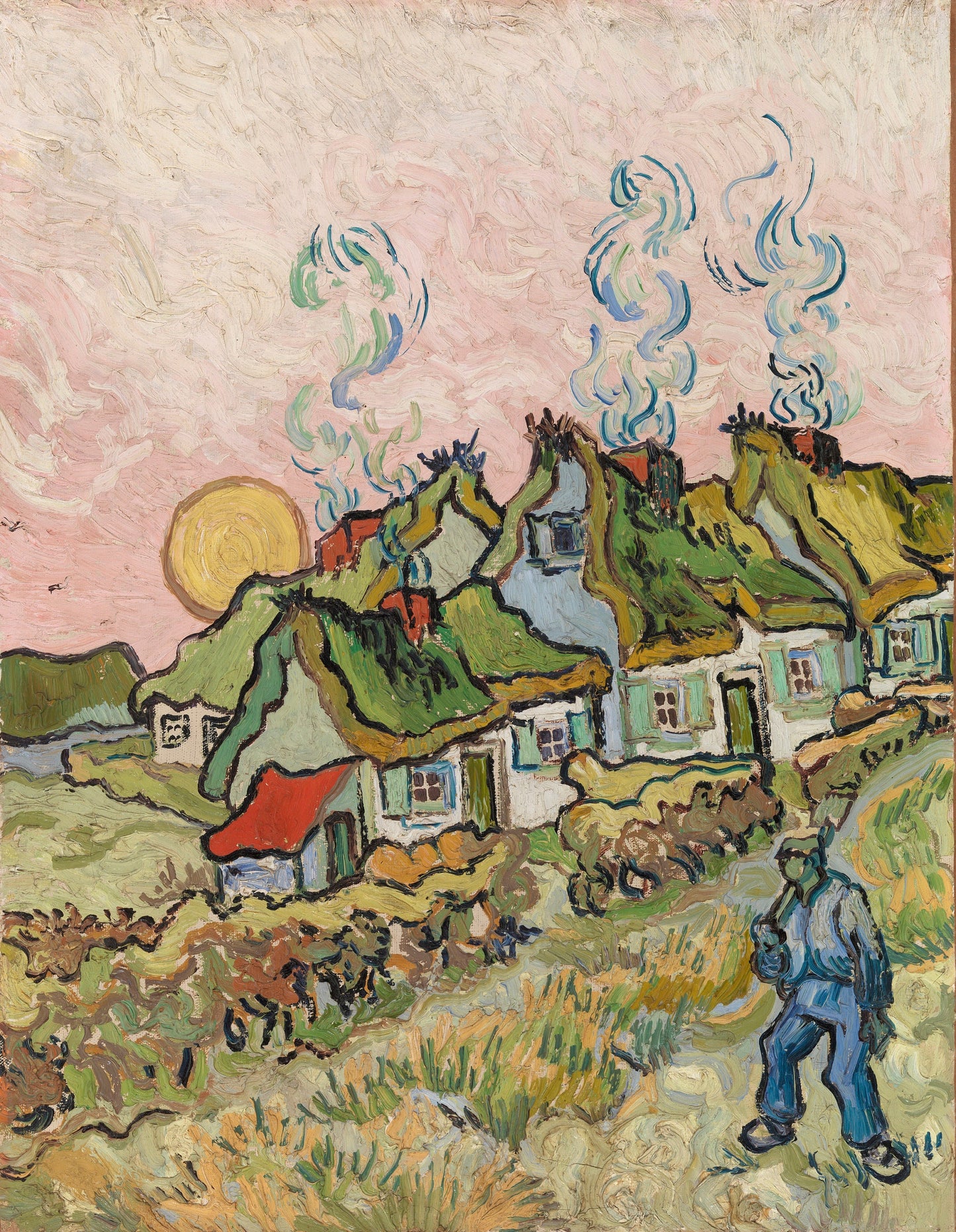 a painting of a man standing in front of a house