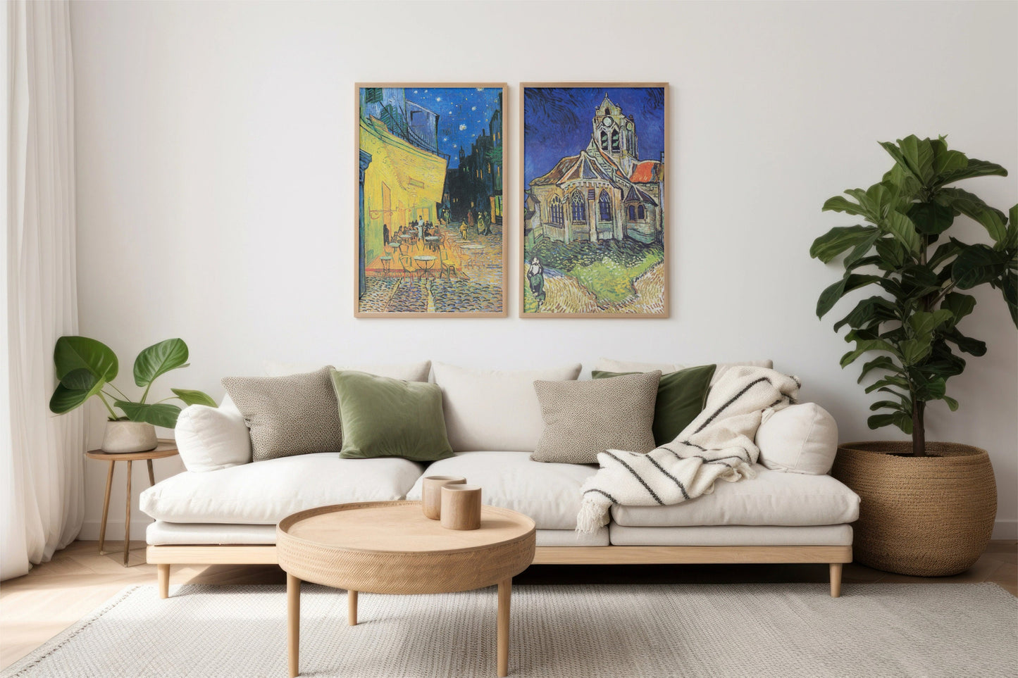 a living room with two paintings on the wall