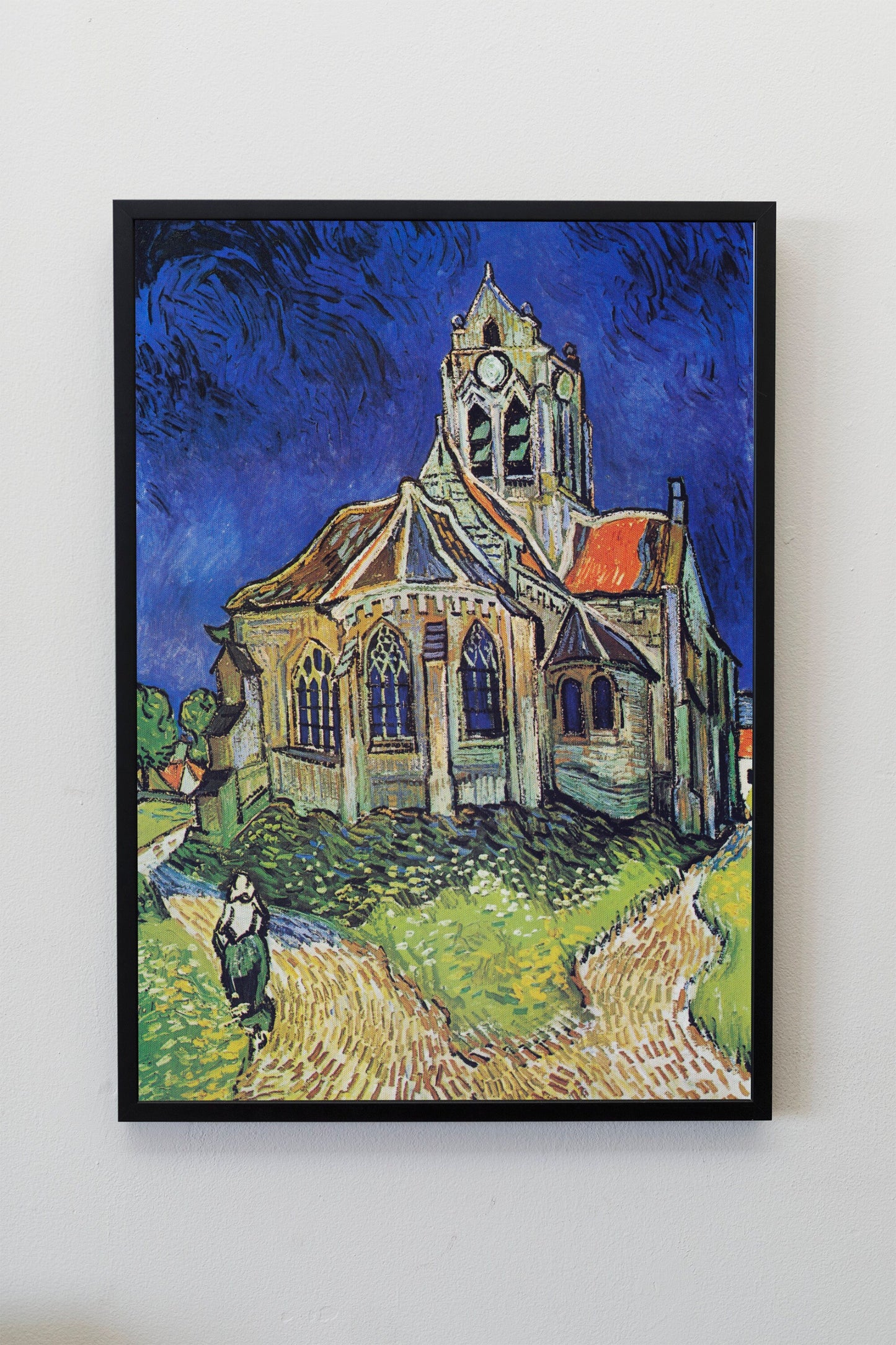a painting of a church on a wall