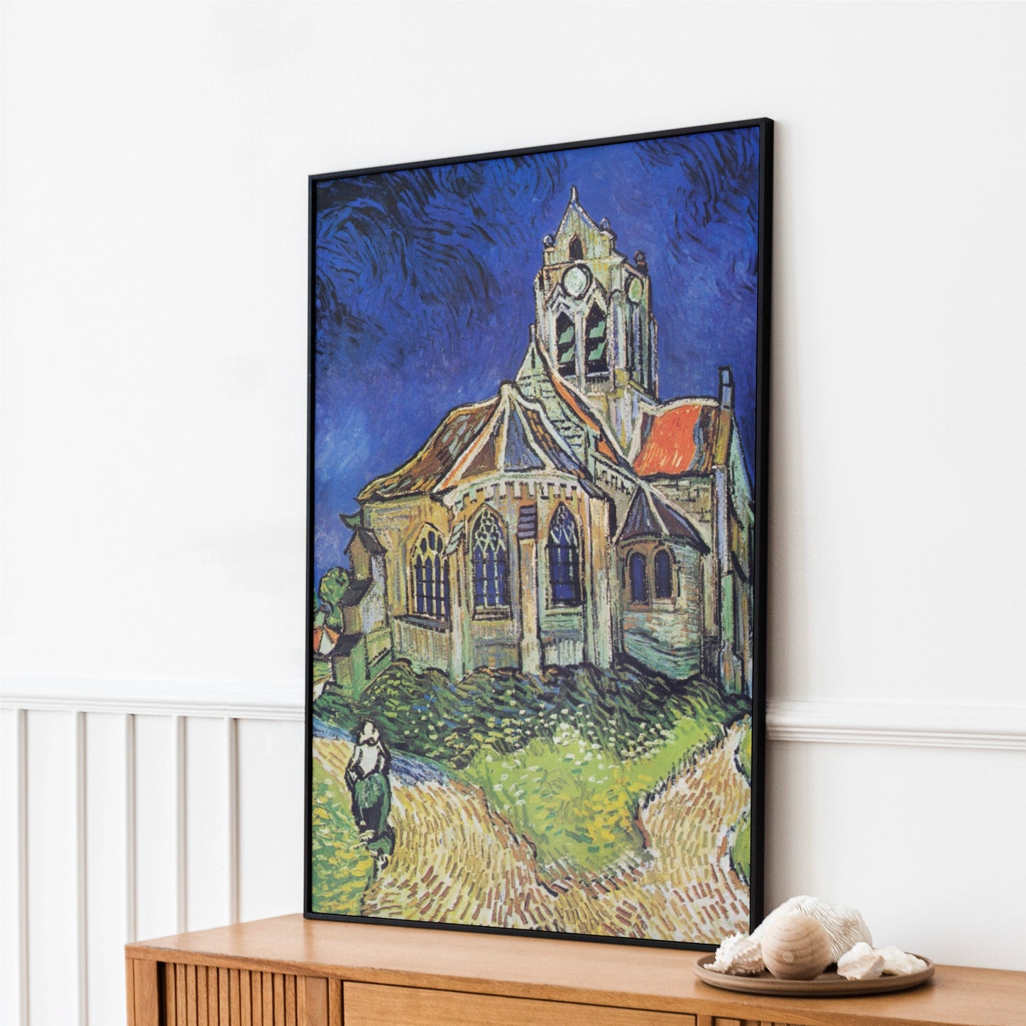a painting of a church with a person standing in front of it