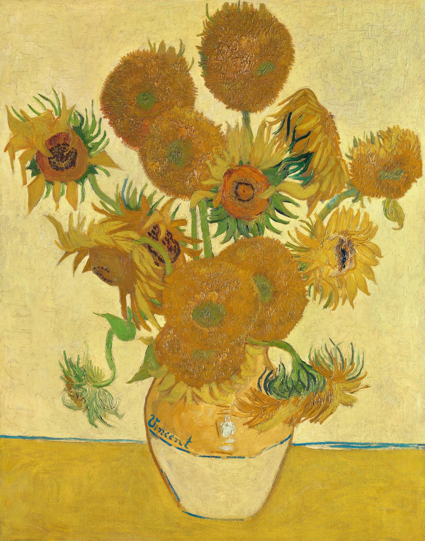 a painting of sunflowers in a vase on a table