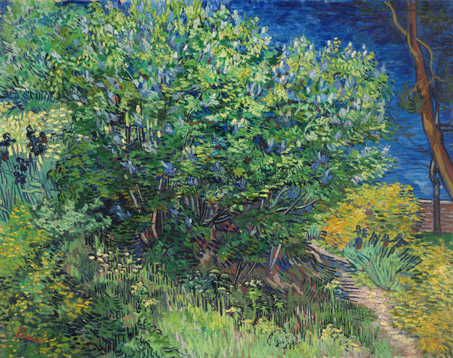 a painting of a garden with trees and flowers