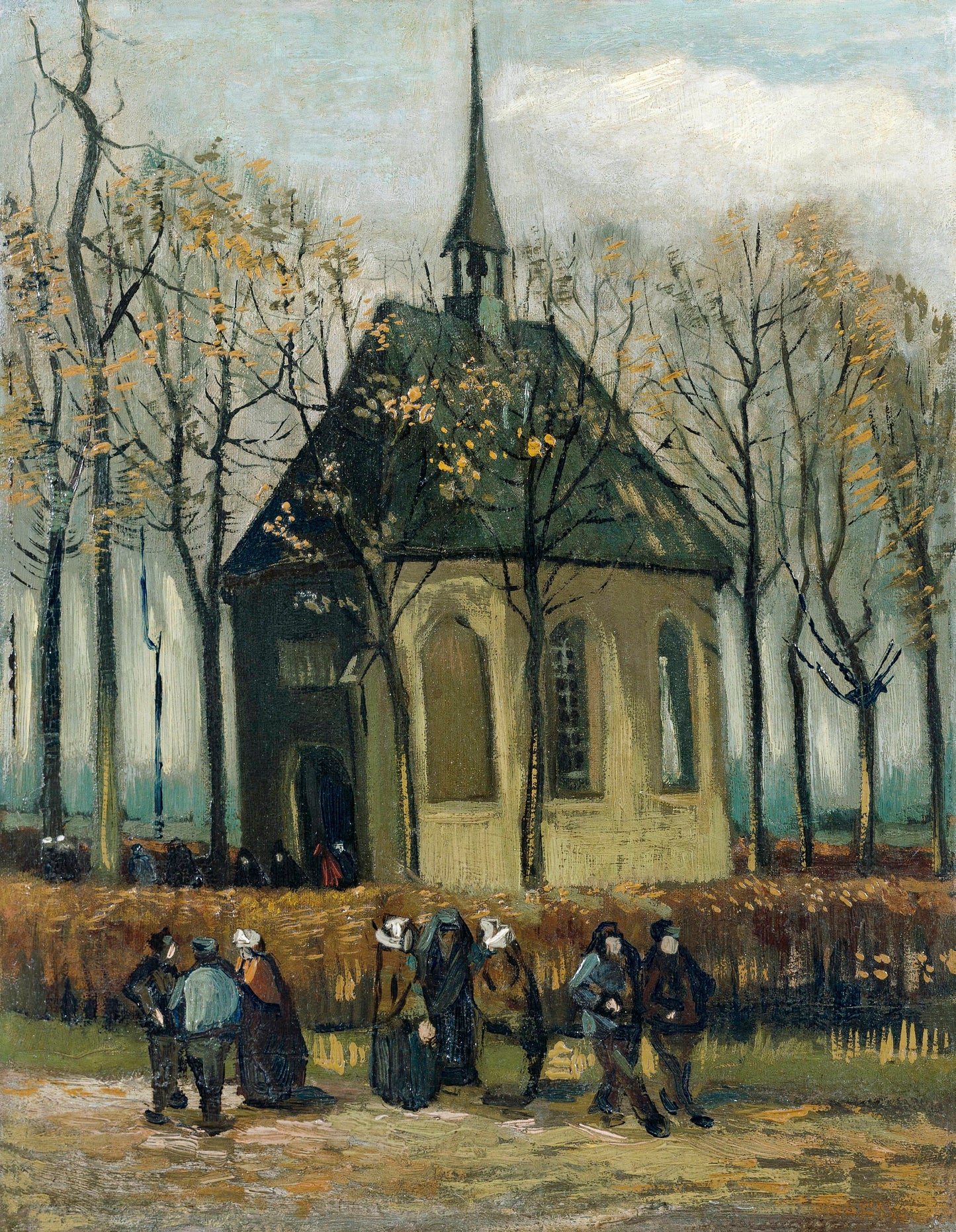 a painting of people standing outside of a church
